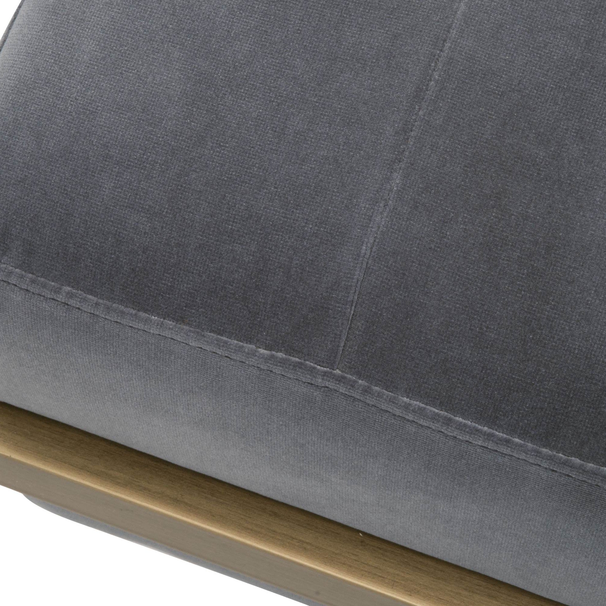 Close-up of Blush Gray velvet upholstery and brass base on Fiona Upholstered Bench by Essentials for Living
