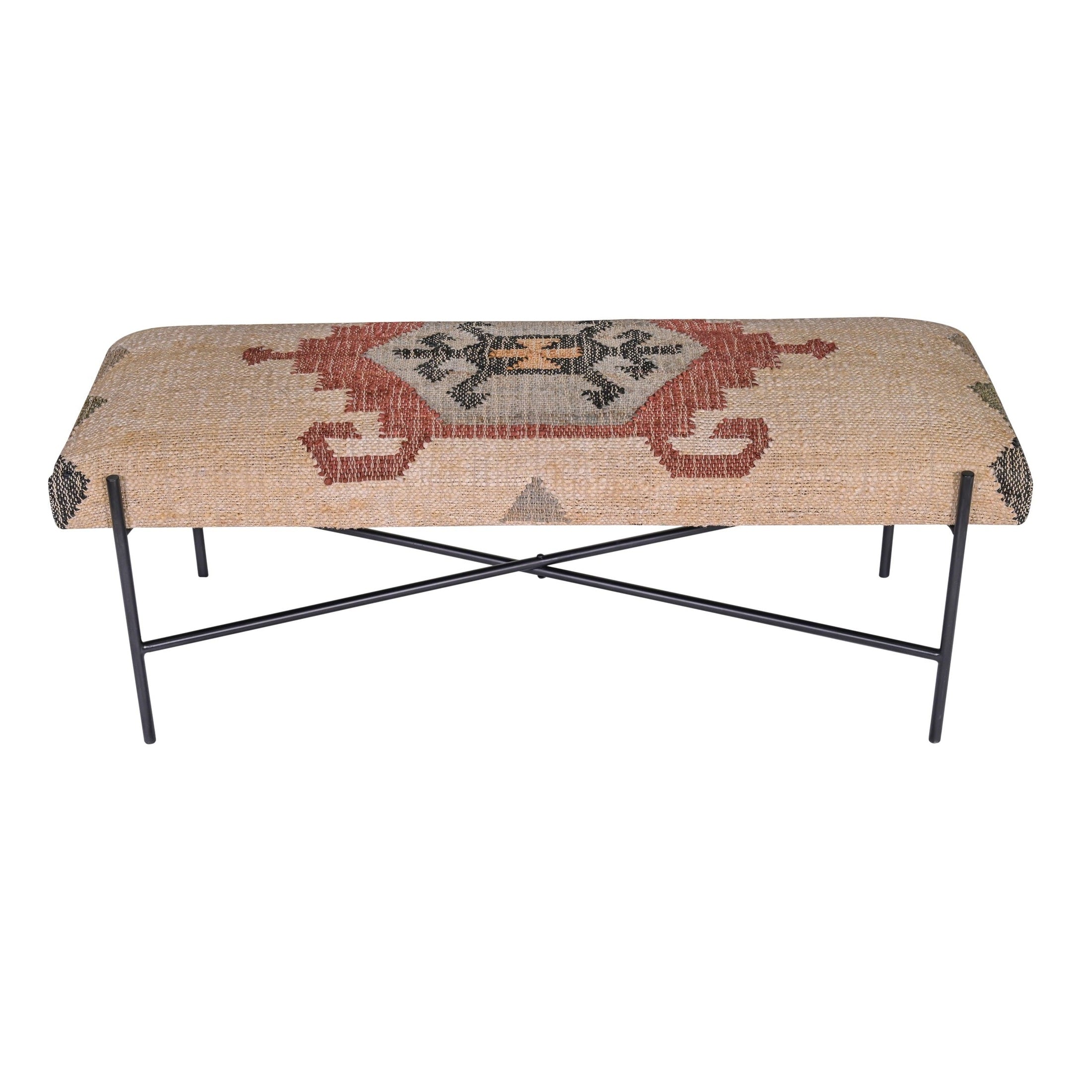 Multicolor Southwestern woven bench with black iron X-base, handcrafted rustic design, Goodie Bench by GO HOME