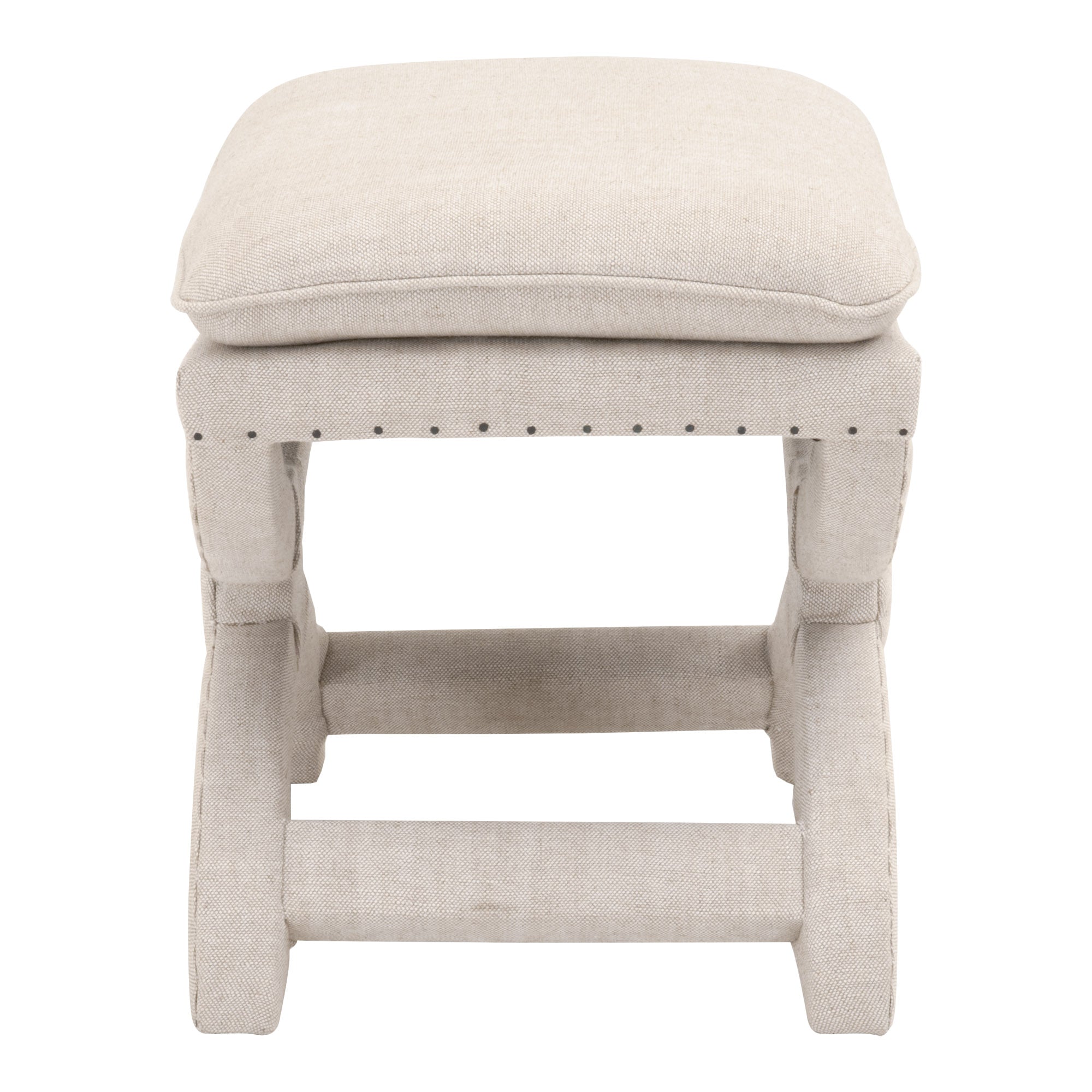 Creamy beige linen blend Gaston Ottoman with pillow-top cushion and black nailhead trim by Essentials For Living