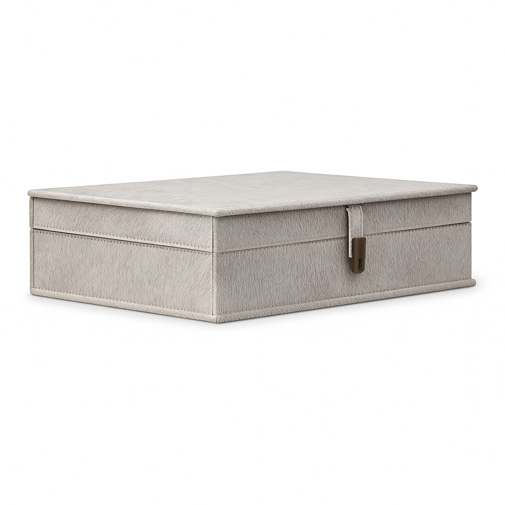 Giorgio Hide Box in grey hide-on-hair with brass accents, rectangular decorative storage box
