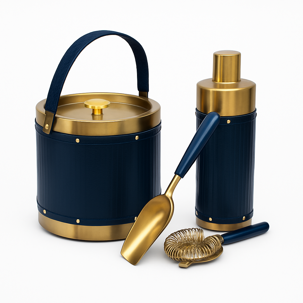 Giorgio Navy 4-piece cocktail set in leather and antiqued brass