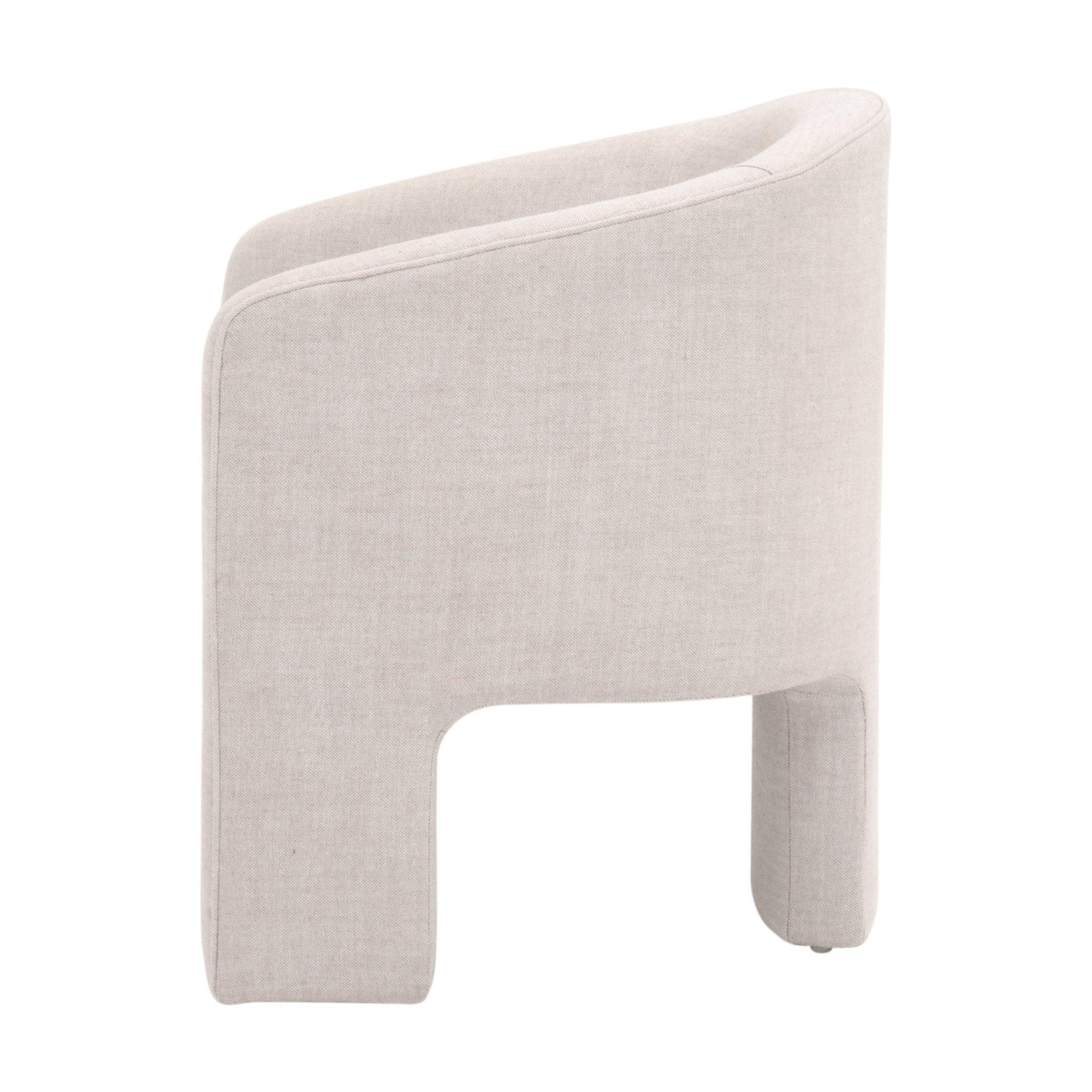 Side view of Hall Arm Chair in Bisque French Linen with unique three-leg design by Essentials for Living