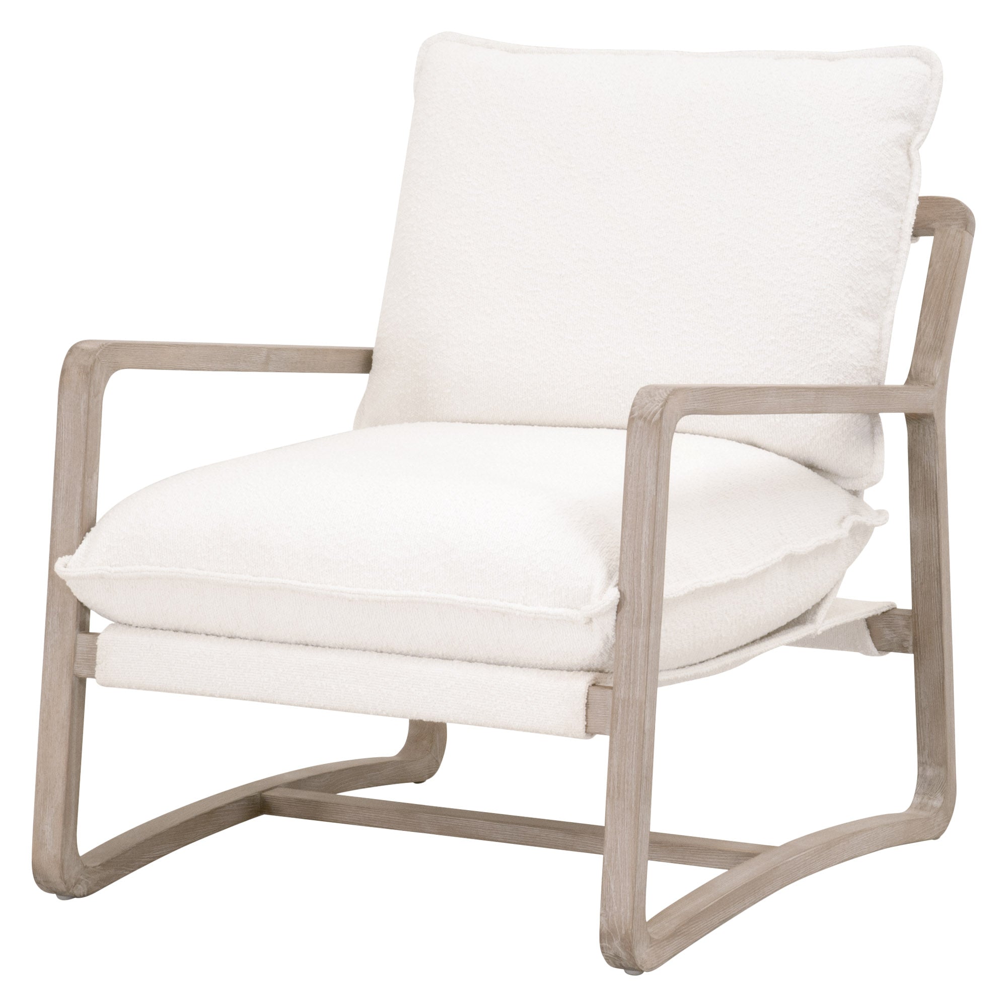 Essentials for Living Hamlin Club Chair with white boucle cushions and natural gray oak sled base in modern design.