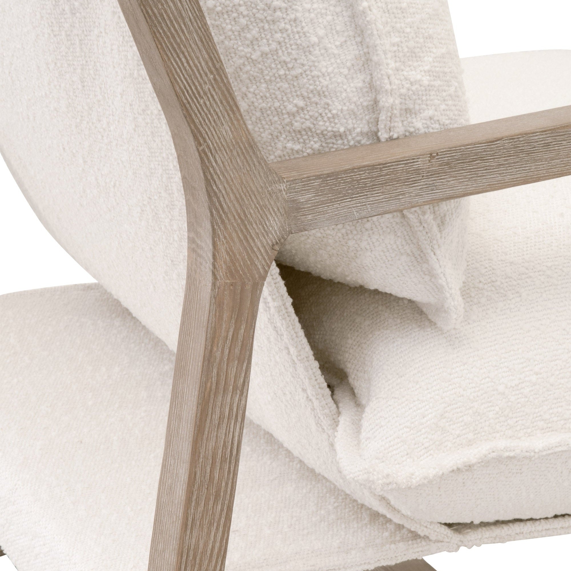 Close-up of Hamlin Club Chair showing natural gray oak sled base and white boucle fabric cushion by Essentials for Living