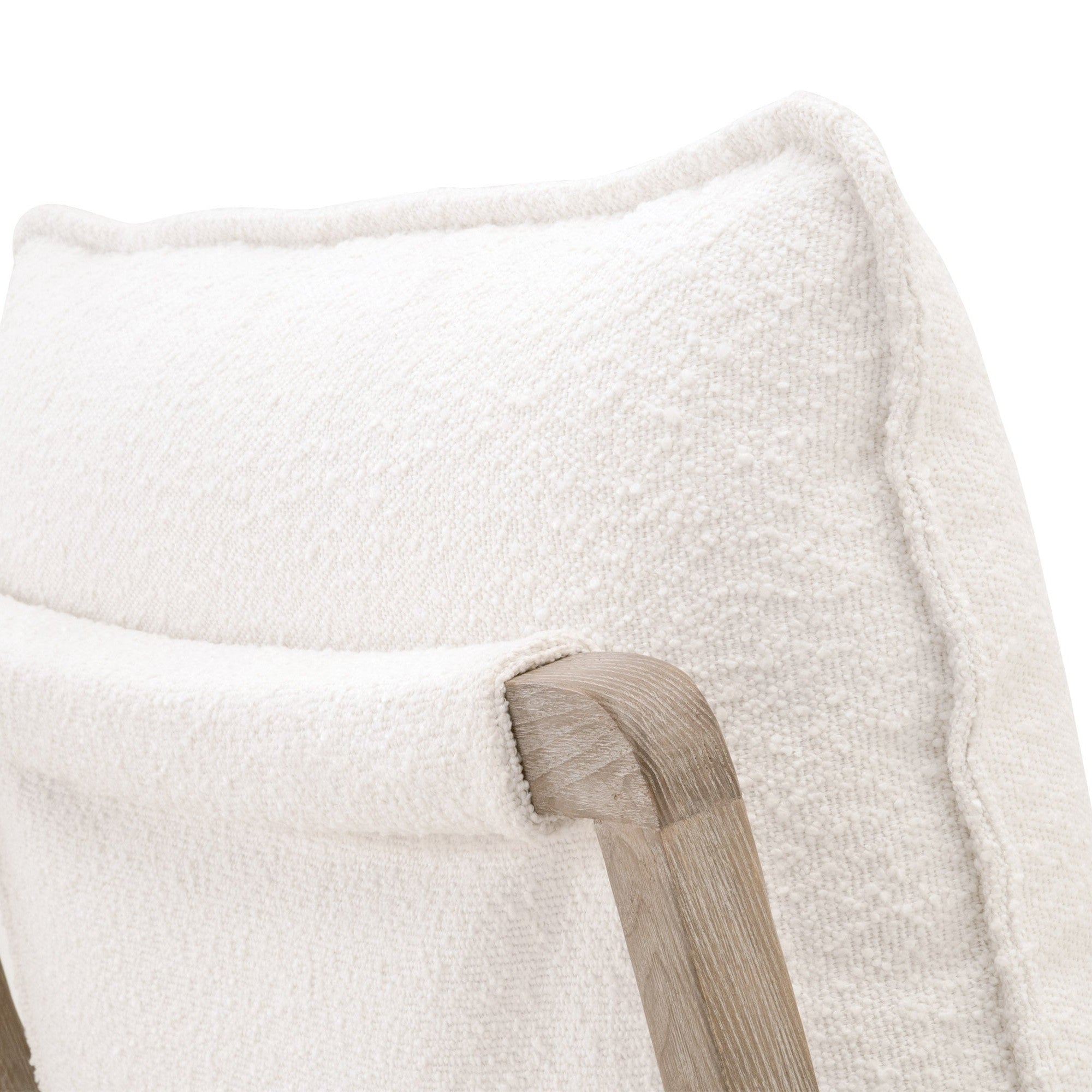 Close-up of the white boucle fabric and natural gray oak sled base on the Hamlin Club Chair by Essentials for Living