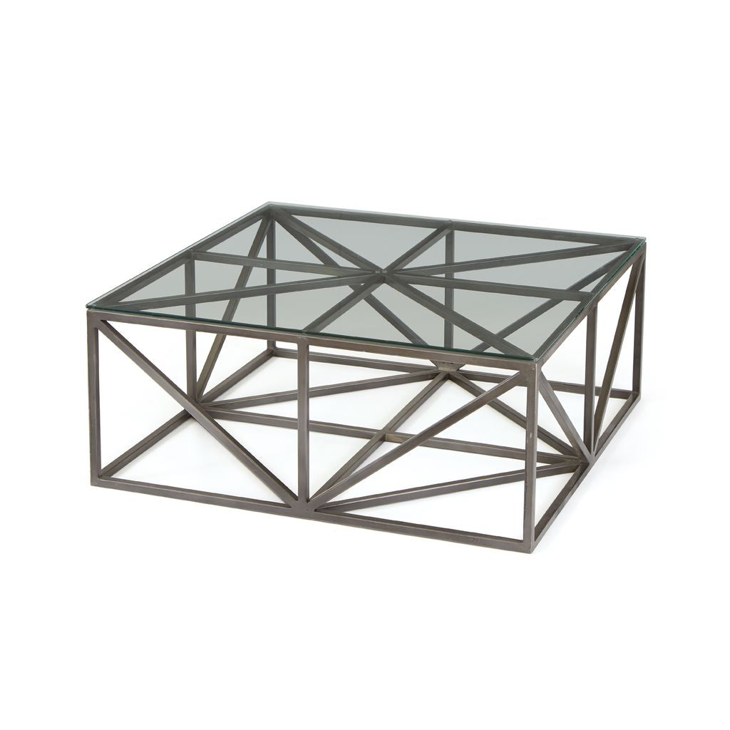Hanover Glass Coffee Table with clear tempered glass top and black iron crisscross base by GO HOME