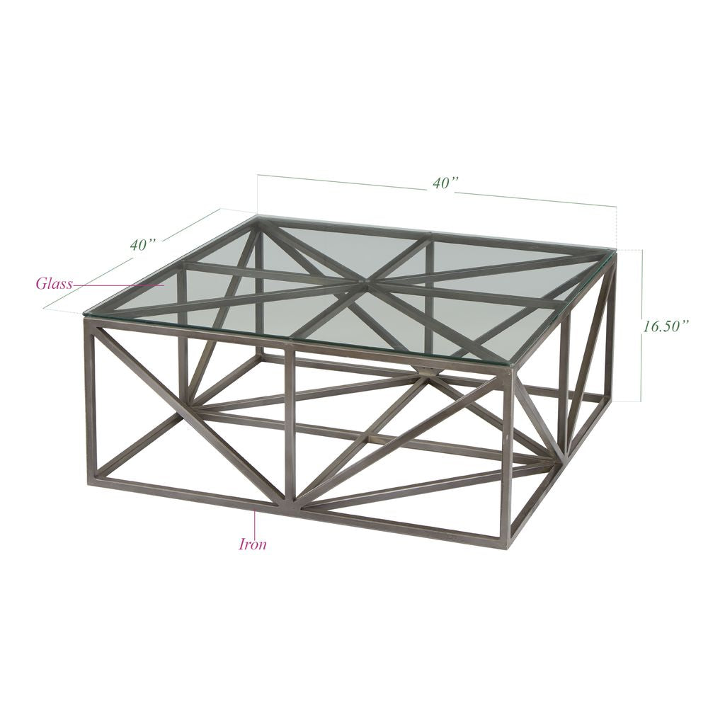 Square Hanover Glass Glass Coffee Table with black iron crisscross base and clear glass top by GO HOME