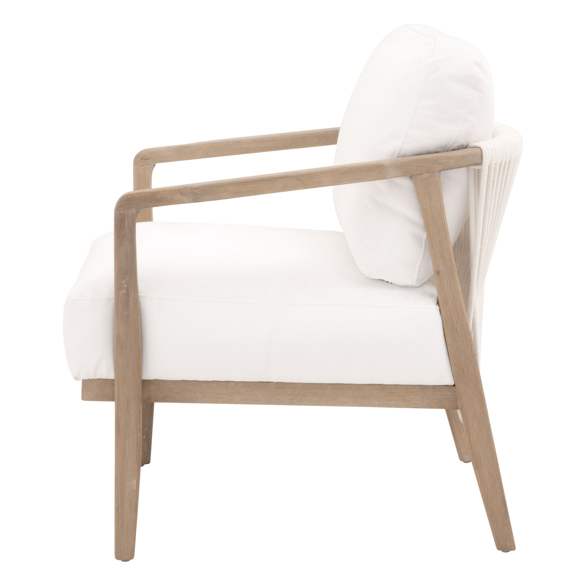 Side view of Harbor Club Chair featuring a smooth oak frame and white rope weave with cushioned seat and backrest