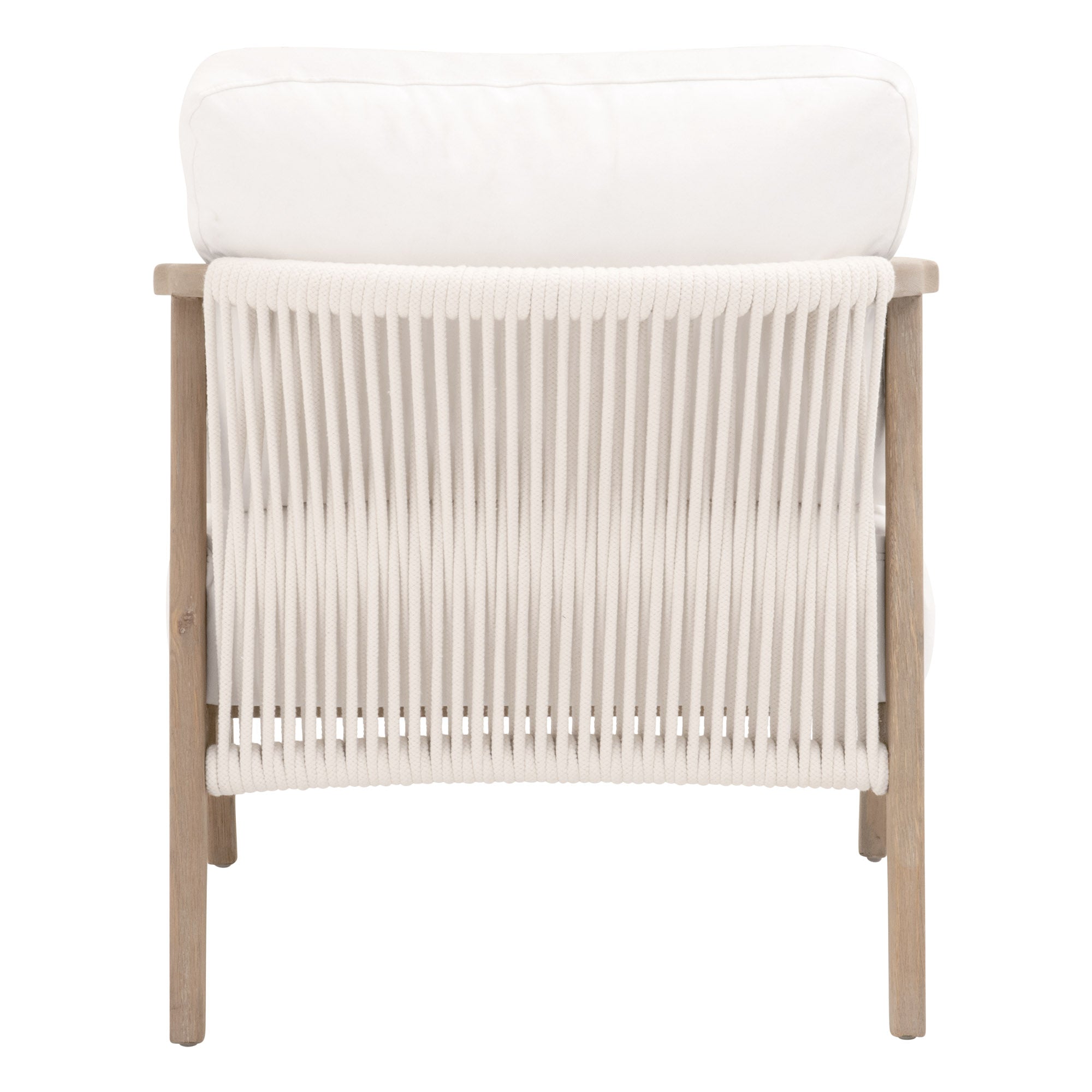 Back view of Harbor Club Chair with smoke-gray oak frame and white rope weave by Essentials For Living