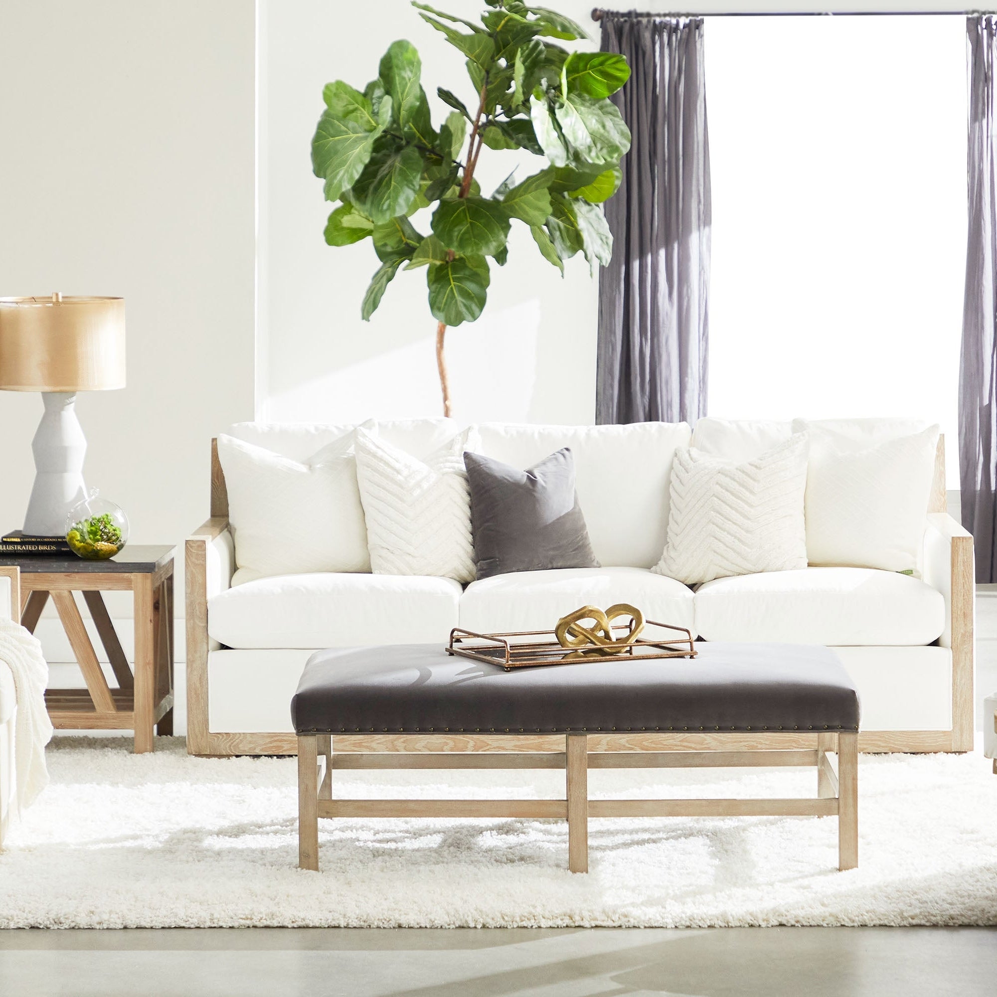 Modern living room with white sofa, wooden side table, large leafy plant, and dark gray upholstered bench