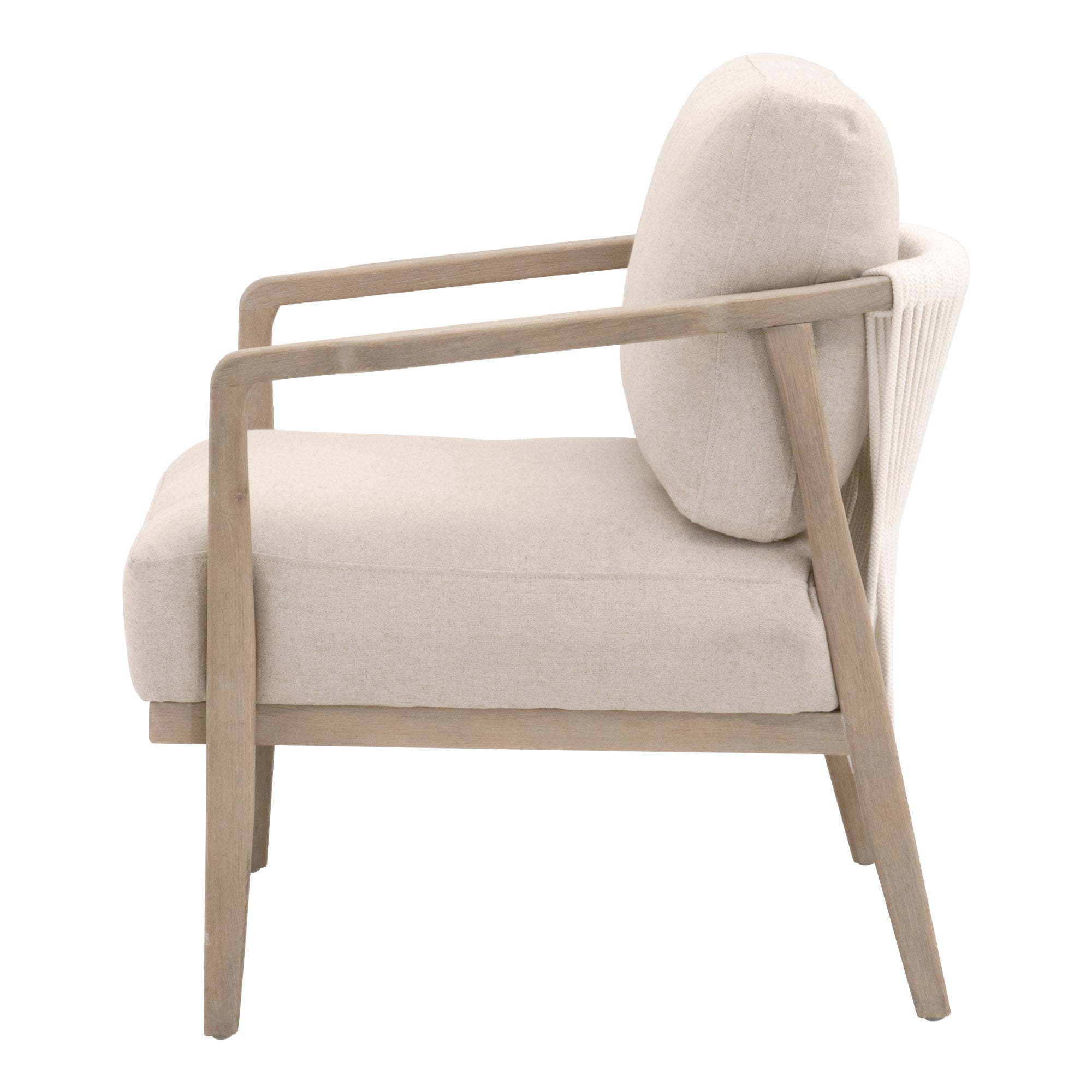 Side view of Harbor Club Chair by Essentials For Living with light wood frame and beige upholstery cushion