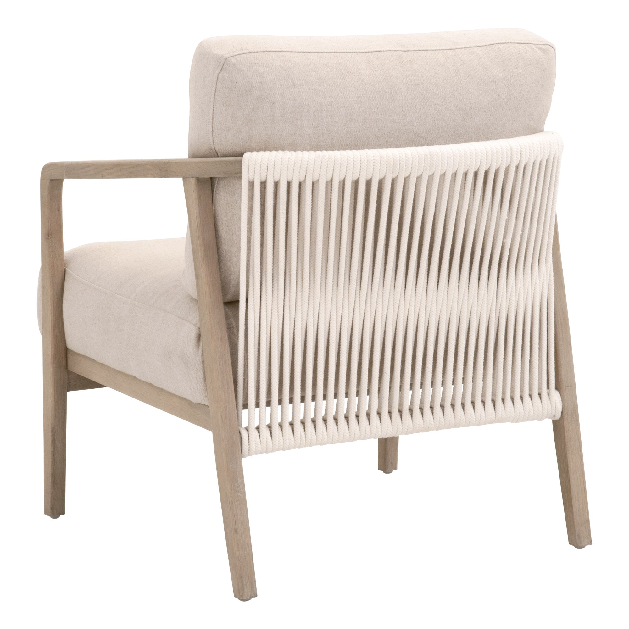 Essentials For Living Harbor Club Chair with smoke-gray oak frame and white rope weave back detail in neutral fabric upholstery