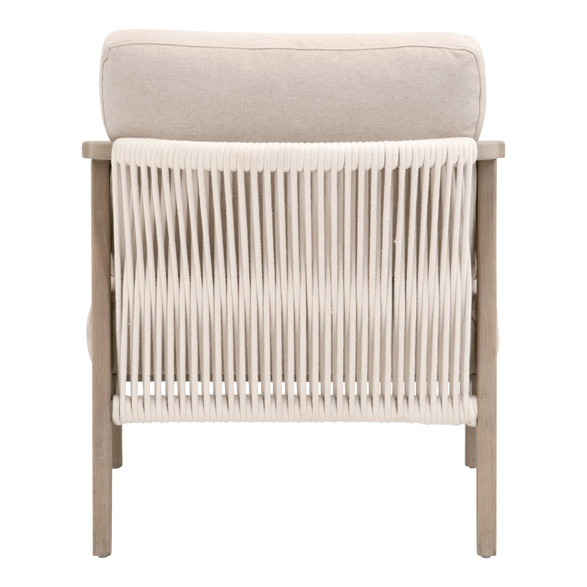 Back view of Harbor Club Chair by Essentials For Living showing white rope weave and smoke-gray oak frame