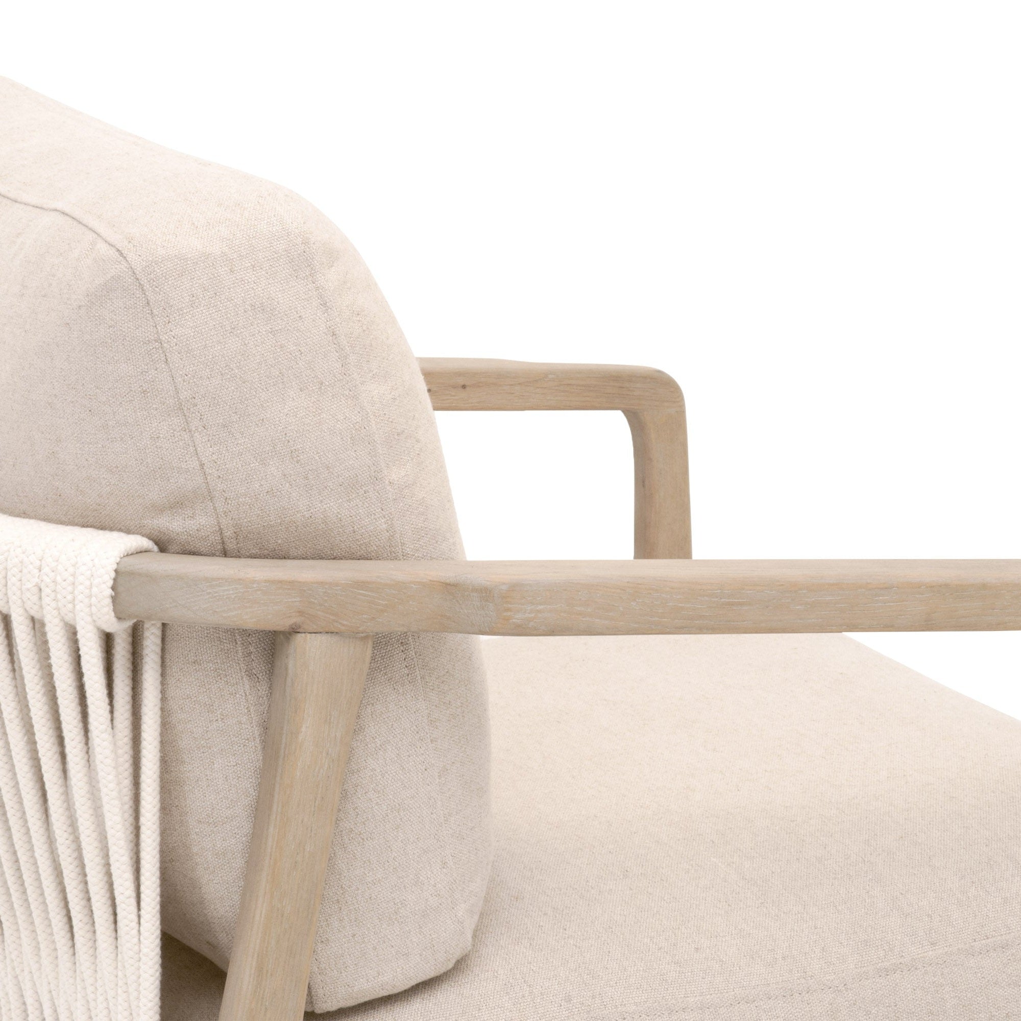 Close-up of beige Harbor Club Chair by Essentials For Living with light wood frame and rope detailing