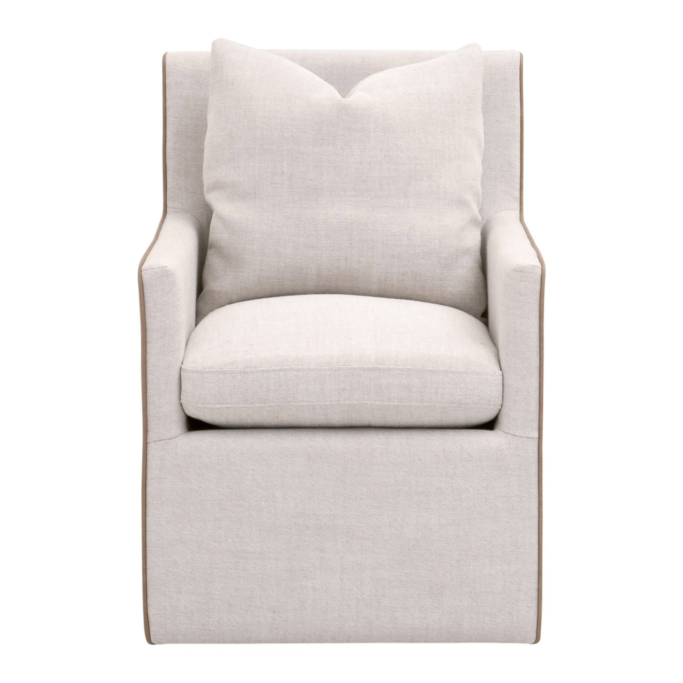 Essentials for Living Harmony Arm Chair with casters in two-tone fabric and contrasting edge piping design