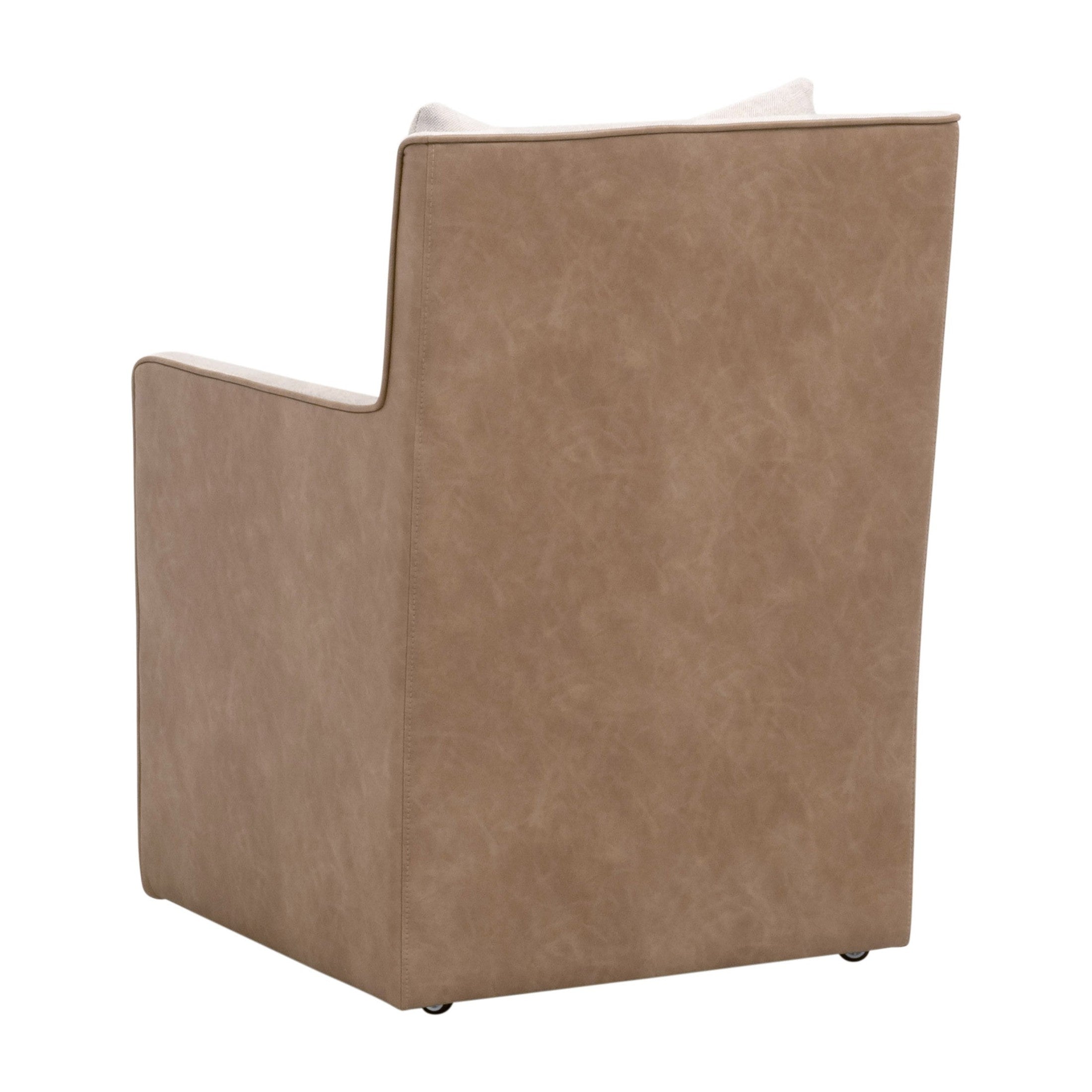 Back view of Essentials for Living Harmony Arm Chair with casters in bisque leather-like upholstery and plush pillow