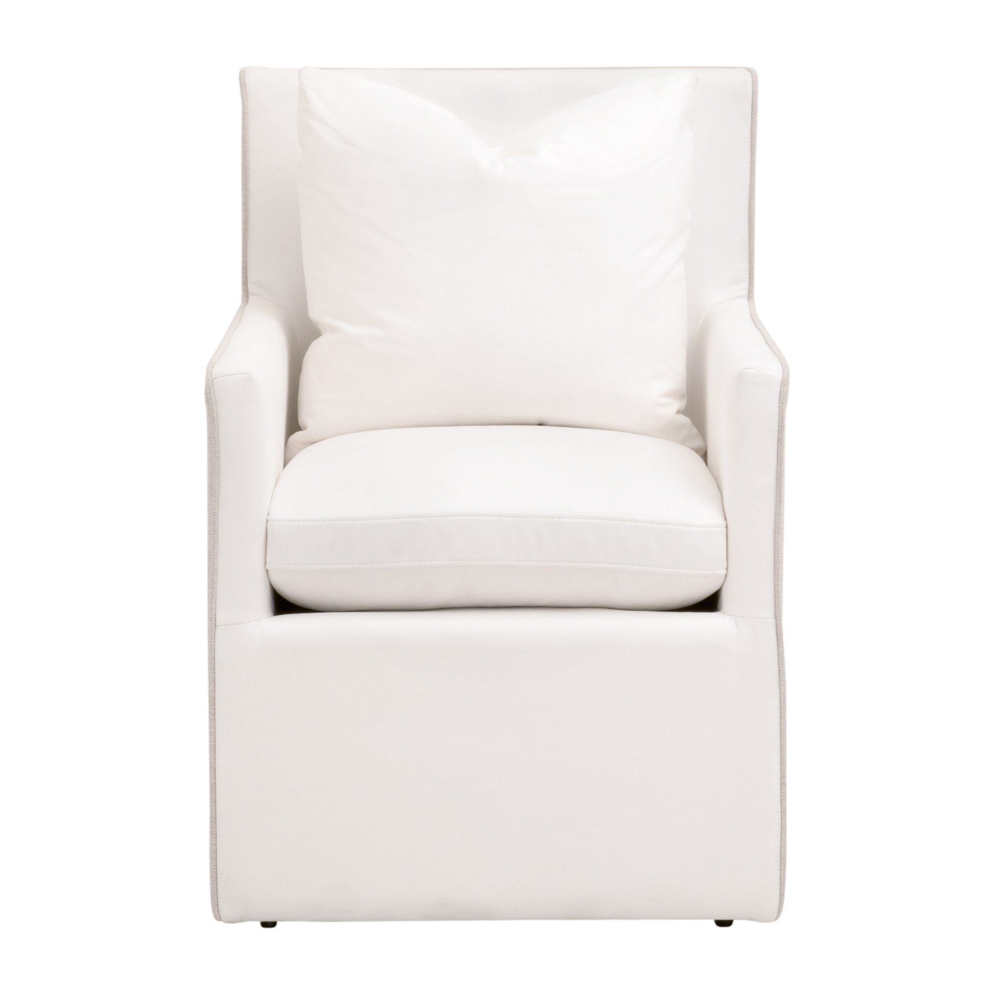 Essentials For Living Harmony armchair in white upholstery with cushioned seat and back pillow on caster wheels