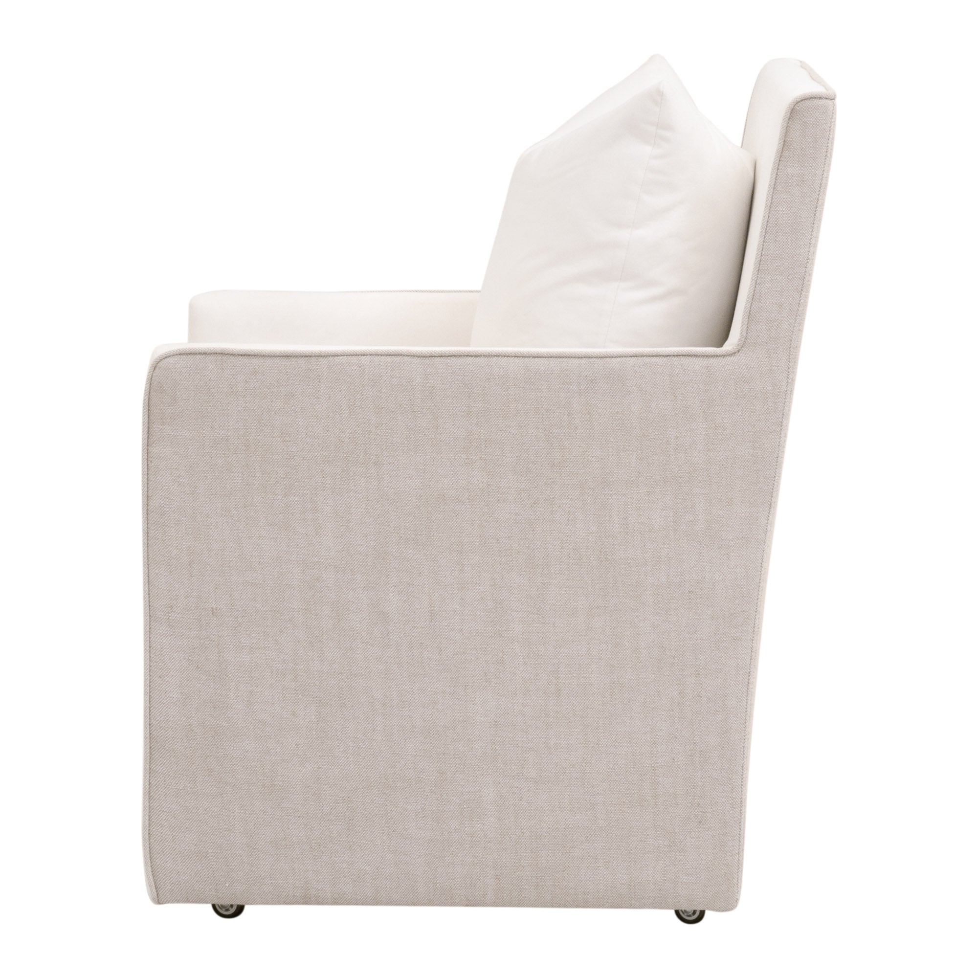 Side view of Essentials for Living Harmony Arm Chair with two-tone upholstery and caster wheels for easy mobility