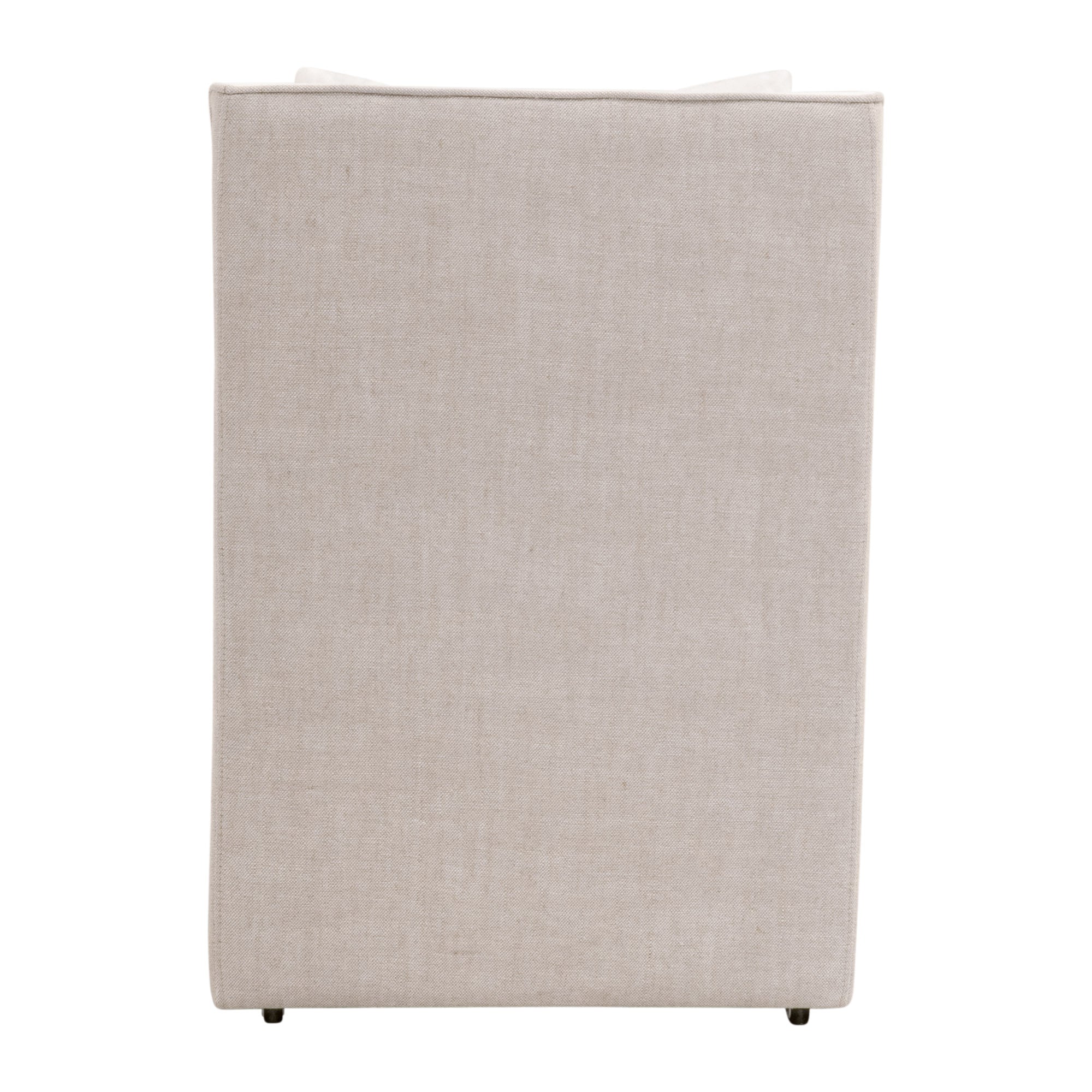 Back view of the Essentials for Living Harmony Arm Chair with Performance Bisque French Linen upholstery and casters.