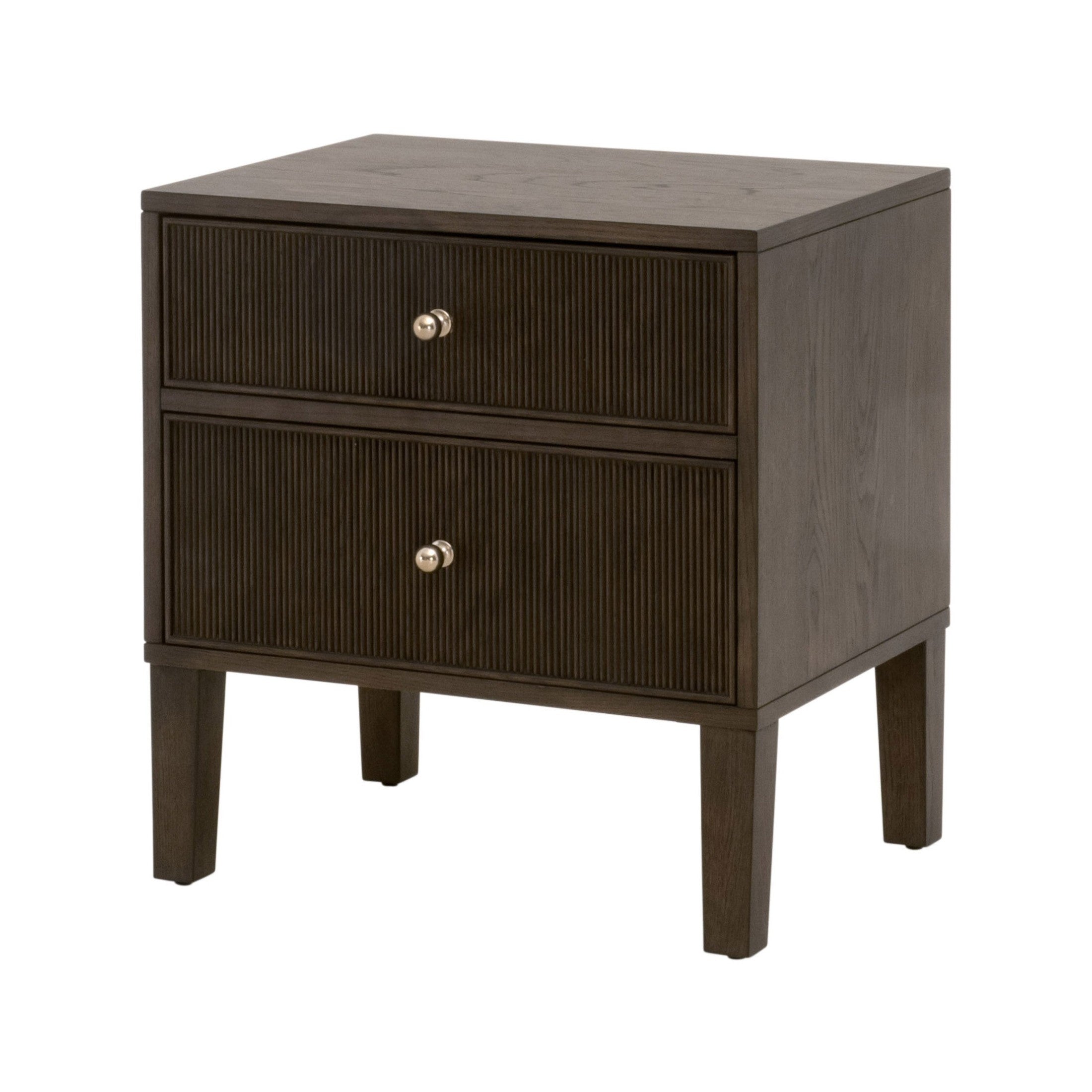 Highland 2-drawer nightstand in dark oak with fluted drawer fronts and polished brass knobs by Essentials For Living