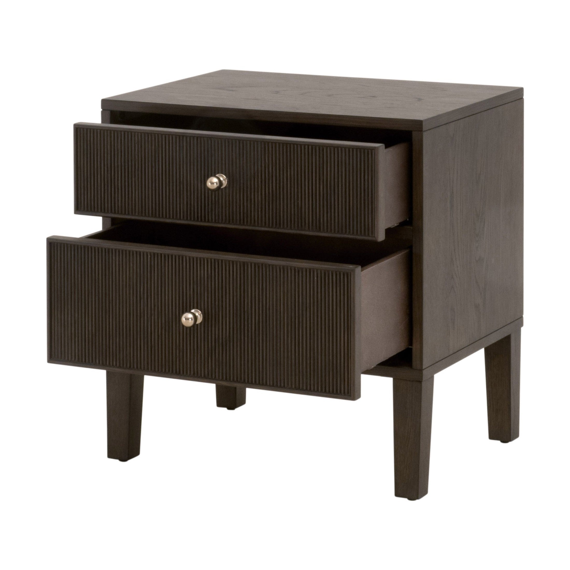 Dark oak 2-drawer nightstand with fluted drawer fronts and polished brass knobs by Essentials For Living