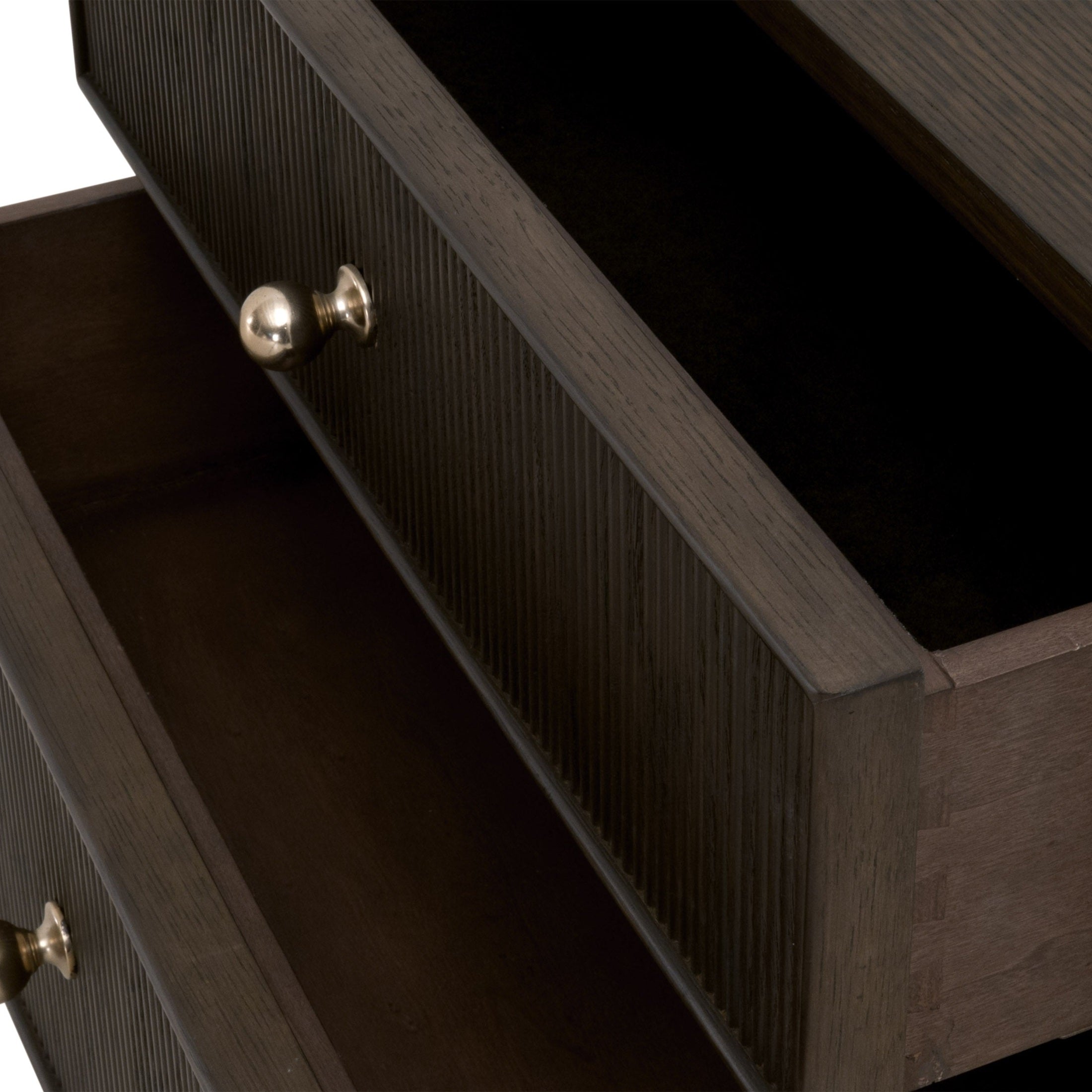 Close-up of Highland 2-Drawer Nightstand’s fluted oak drawers with polished brass knobs by Essentials For Living
