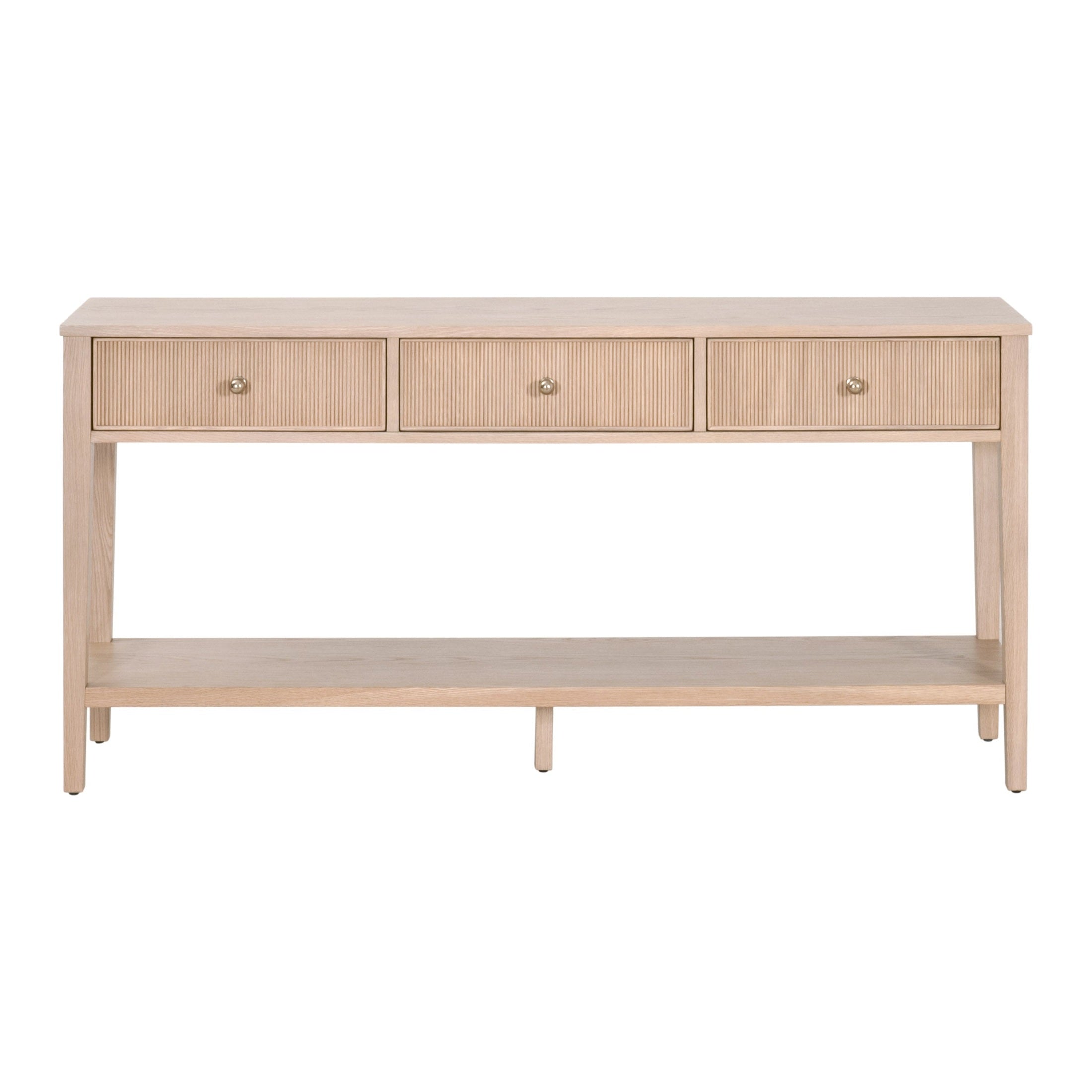 Highland 3-Drawer Console Table in natural oak finish with fluted drawers and brass knobs by Essentials for Living