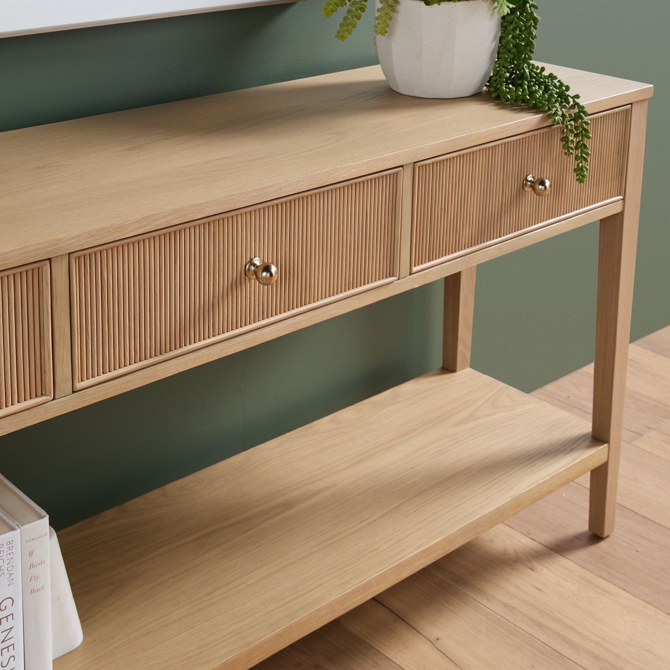 Highland 3-Drawer Console Table in natural oak with fluted drawer fronts and brass knobs by Essentials for Living