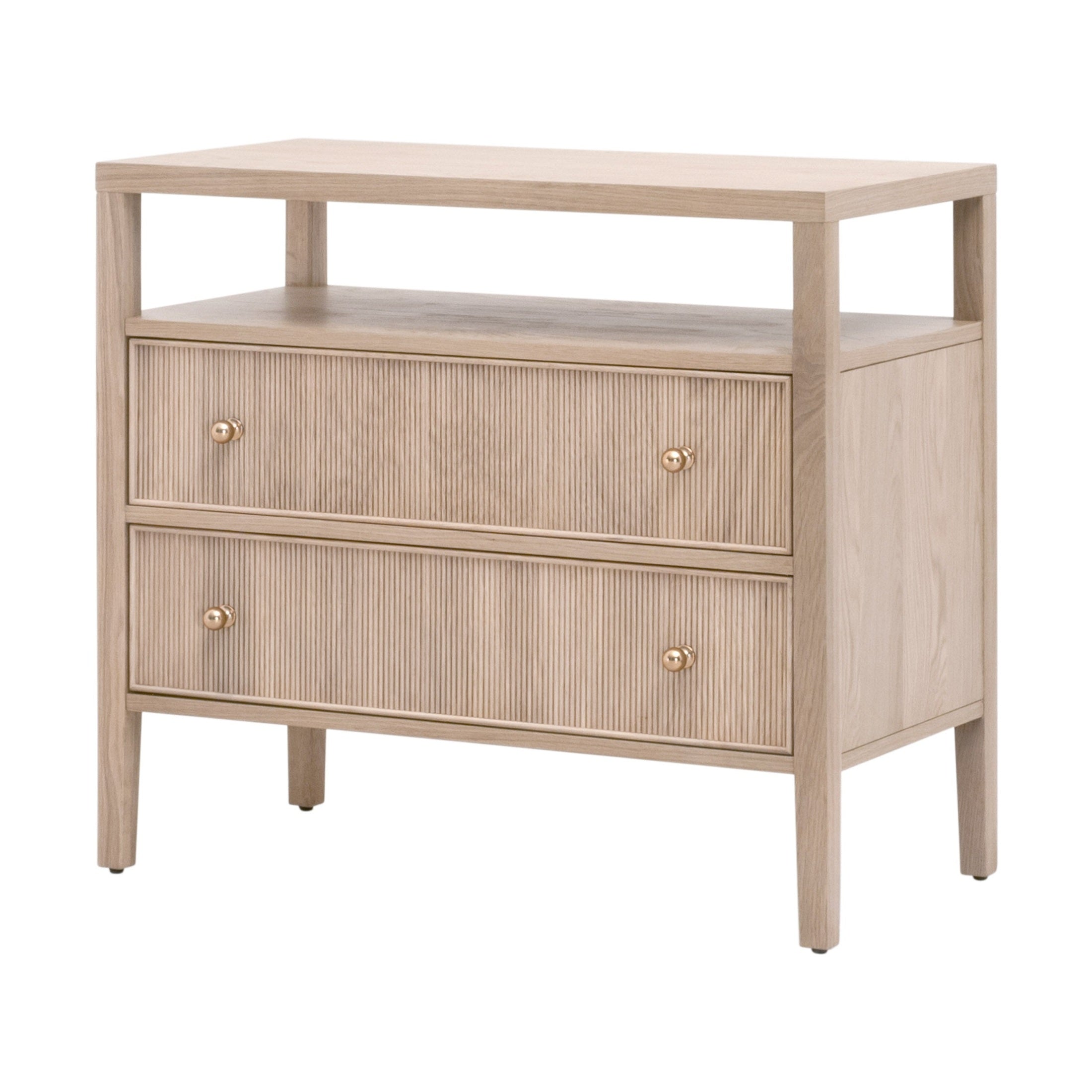 Essentials For Living Highland nightstand with two fluted wood drawers and open shelf in light oak finish