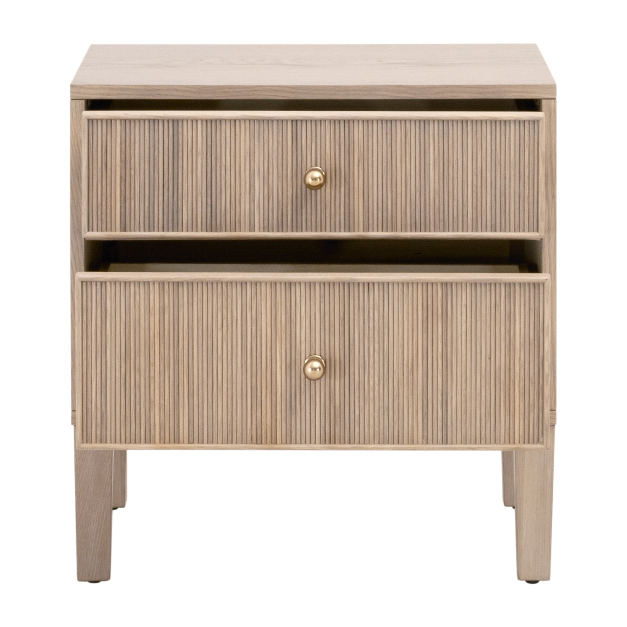 Essentials for Living Highland nightstand with two fluted wood drawers and polished brass knobs in natural oak finish
