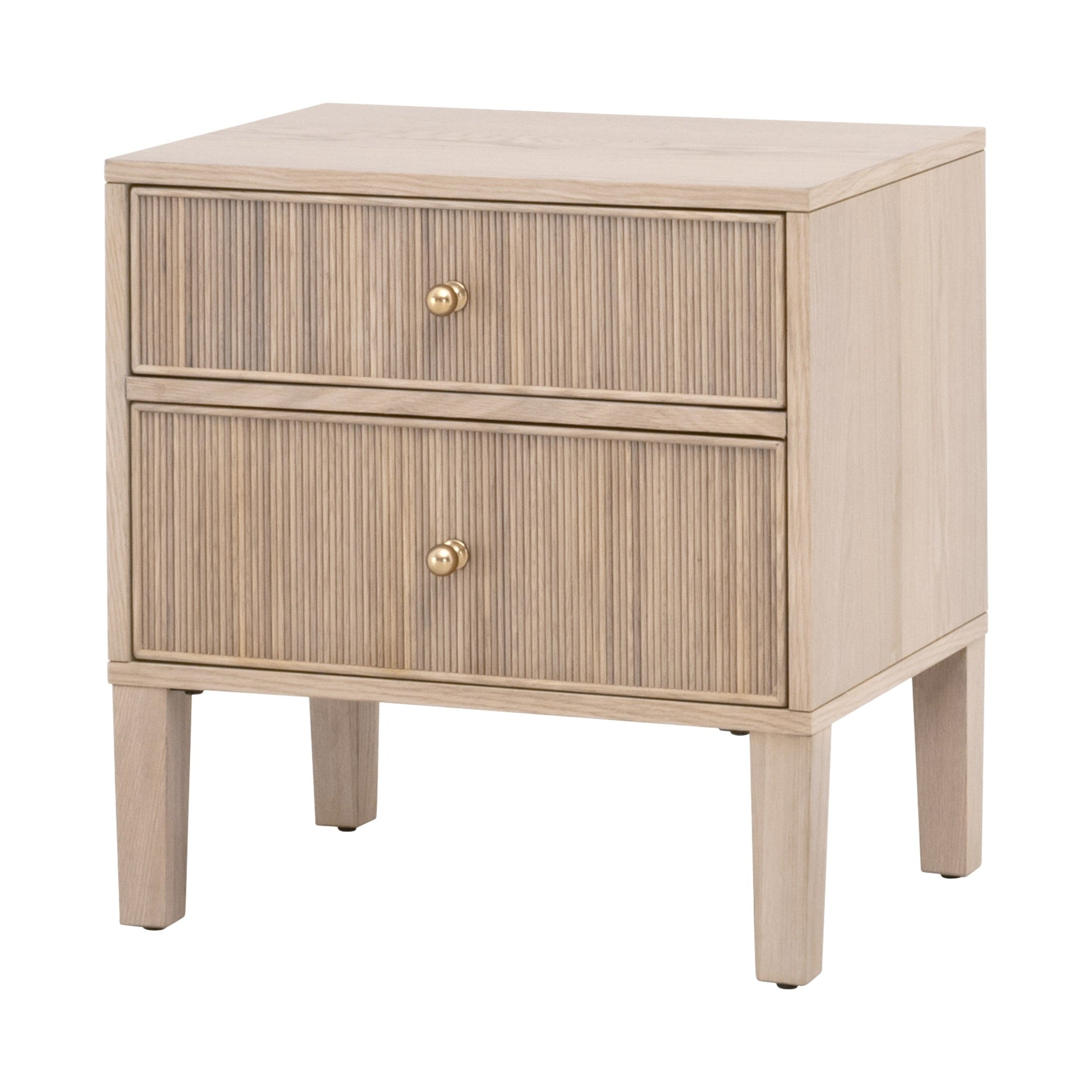 Highland 2-drawer nightstand in natural oak finish with fluted detailing and brass knob accents by Essentials for Living