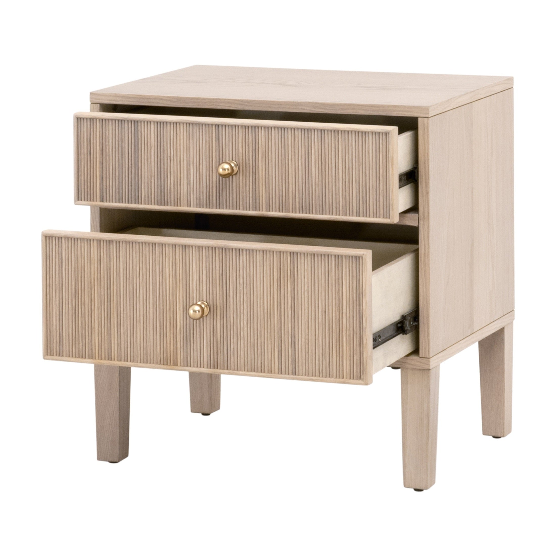 Highland 2-drawer nightstand in natural oak finish with fluted drawer fronts and brass knobs by Essentials For Living