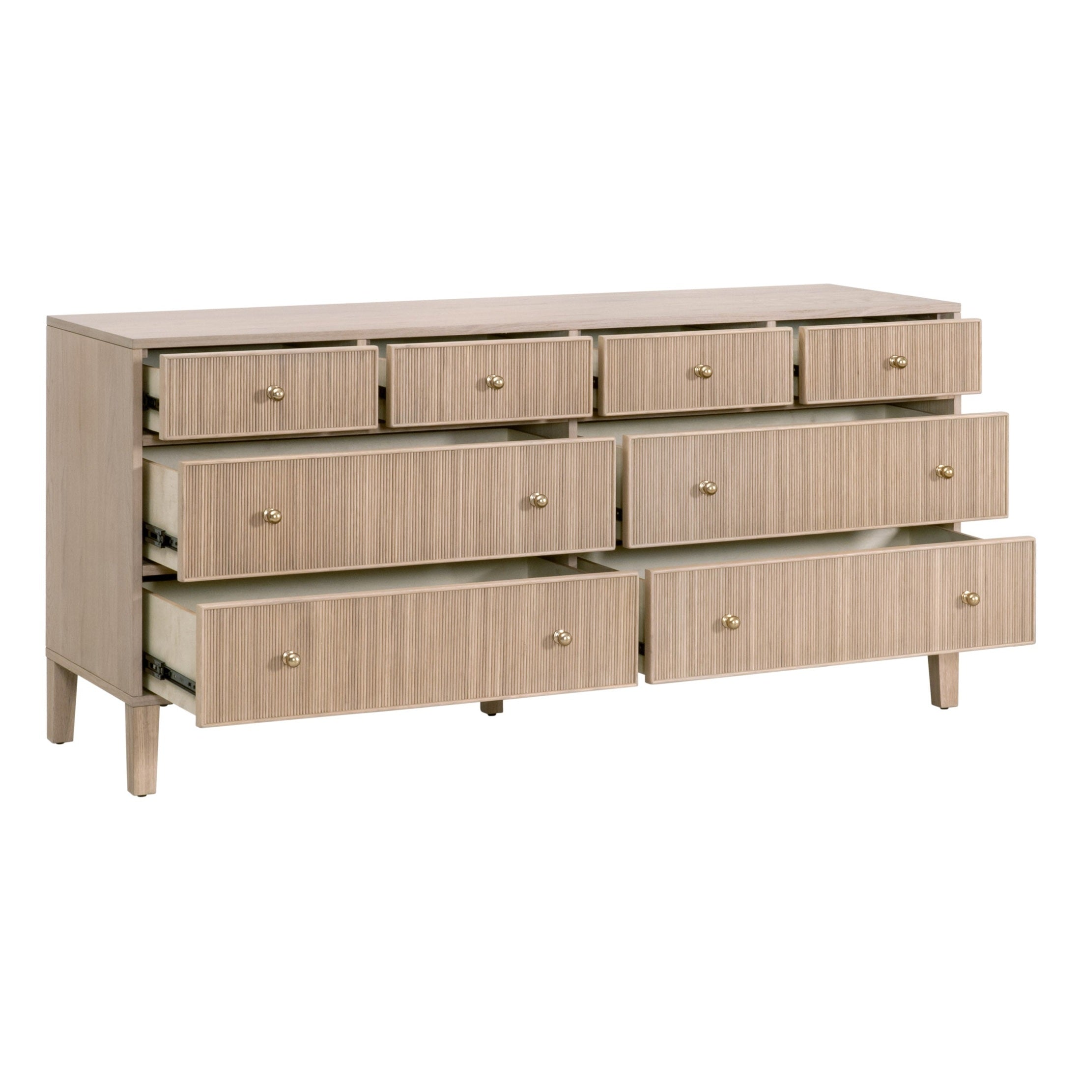 Essentials For Living Highland 8-drawer double dresser in natural oak with fluted fronts and brass knobs