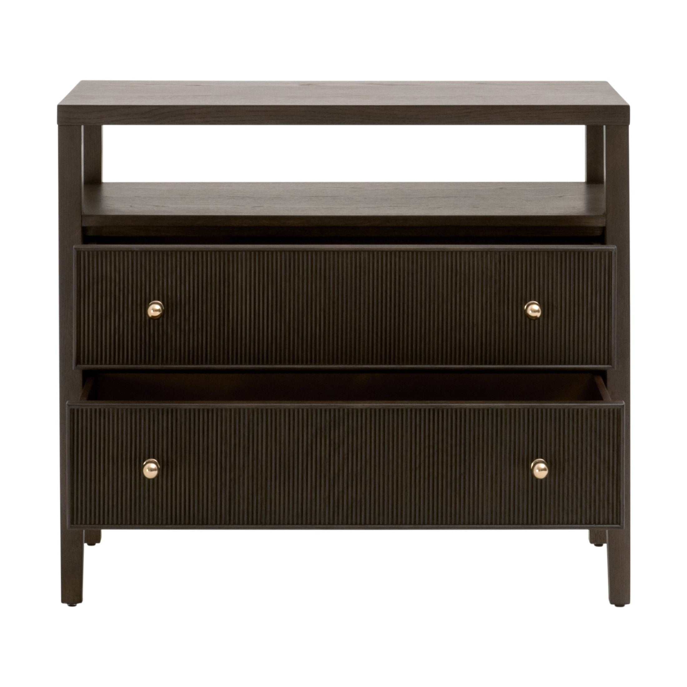 Highland 2-drawer nightstand in Dutch Brown Oak with fluted fronts and brass knobs by Essentials for Living
