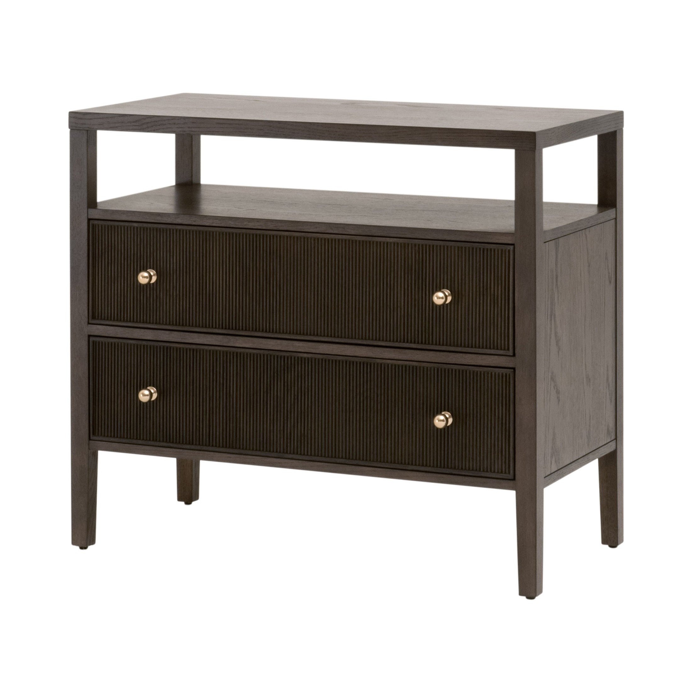 Essentials For Living Highland nightstand with two fluted wood drawers and open shelf in Dutch Brown Oak finish
