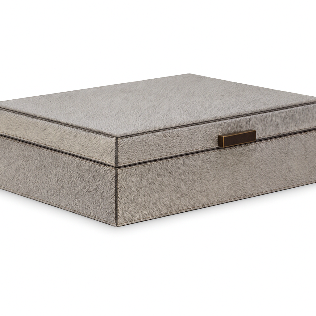 Phelan Hide Box β Grey Hide-on-Hair with Brass Accents
