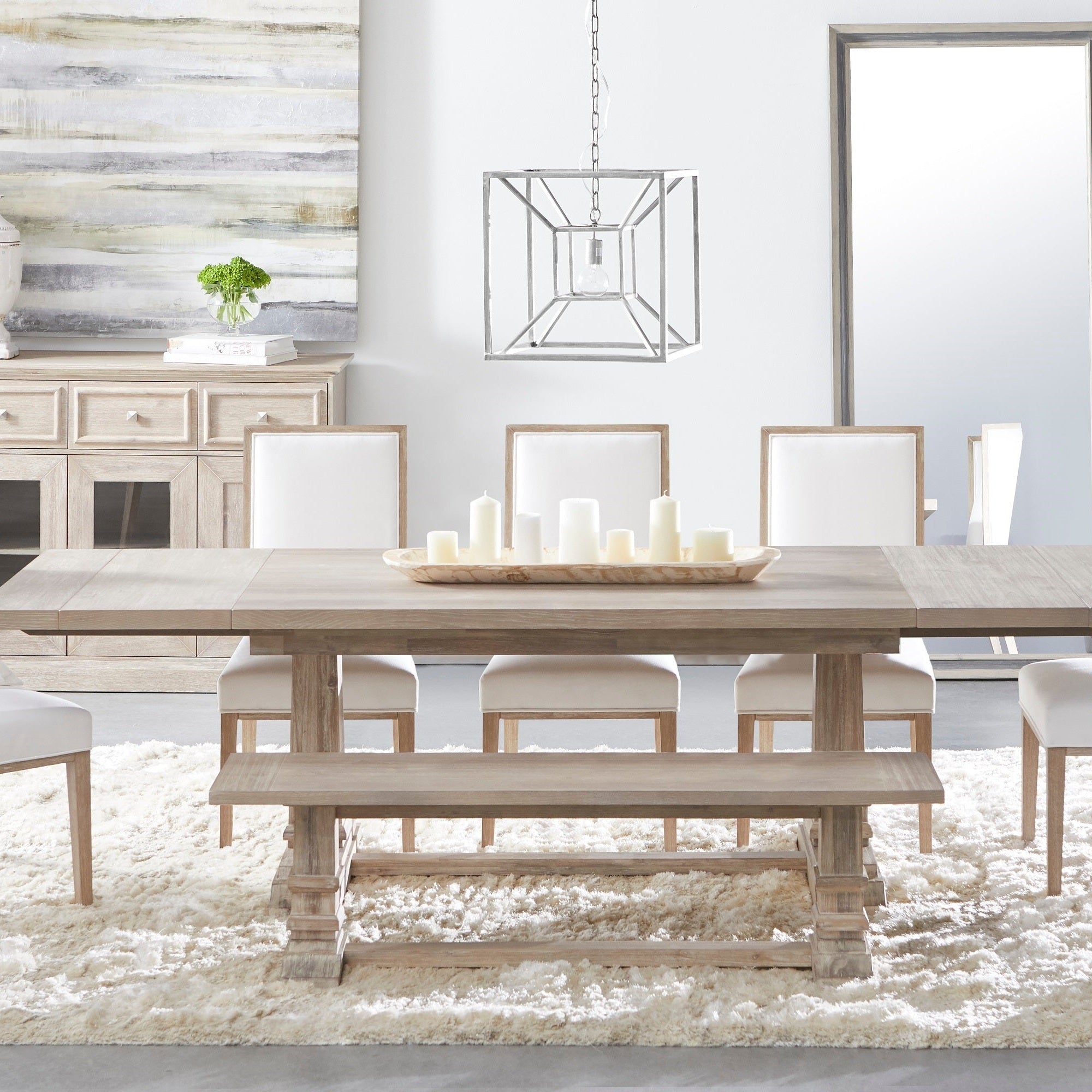 Hudson Large Dining Bench in natural gray acacia with wire-brushed texture and sturdy base by Essentials For Living