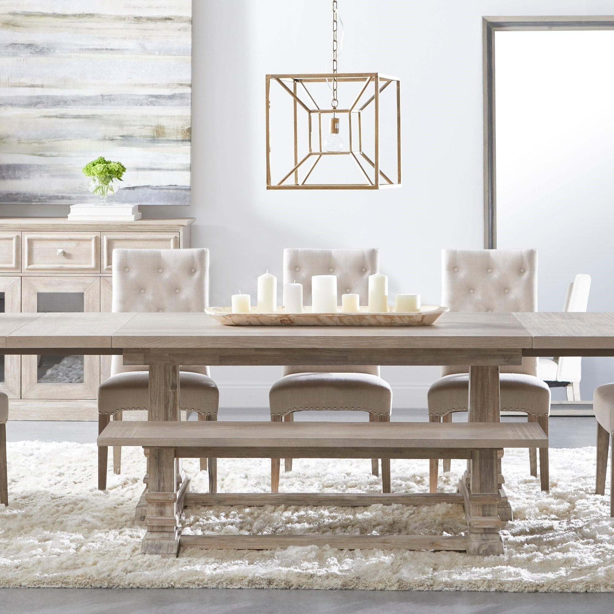 Hudson Large Dining Bench in natural gray acacia wood with rustic texture, sturdy base, by Essentials for Living