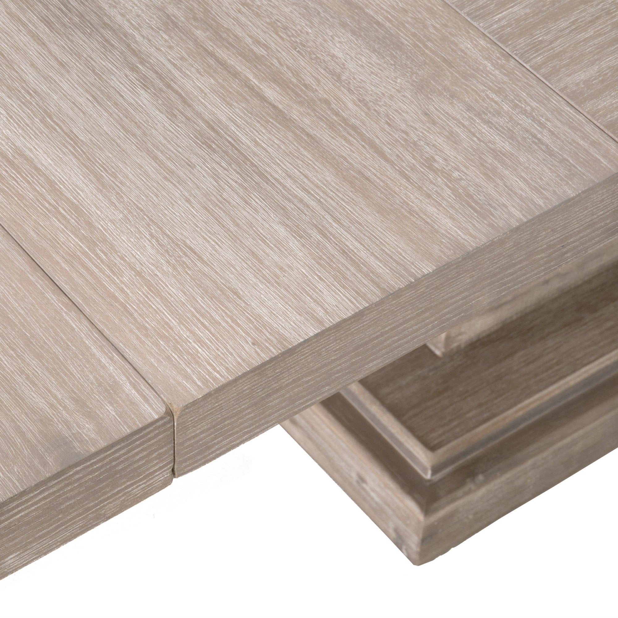 Close-up of Hudson 44" Square Extension Dining Table in natural gray acacia wood with extension leaves by Essentials For Living