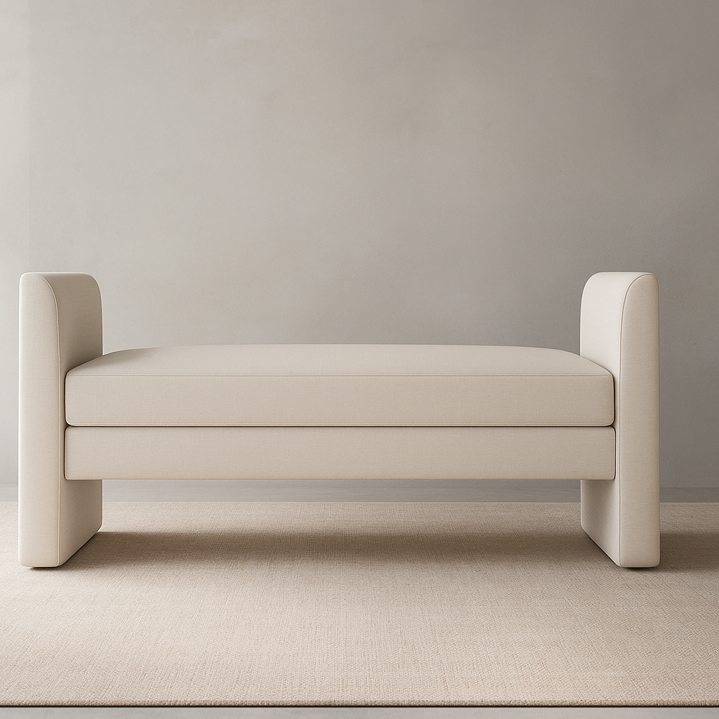 Minimalist upholstered Huntington Bench with solid wood frame and high-density foam cushioning by GO HOME.