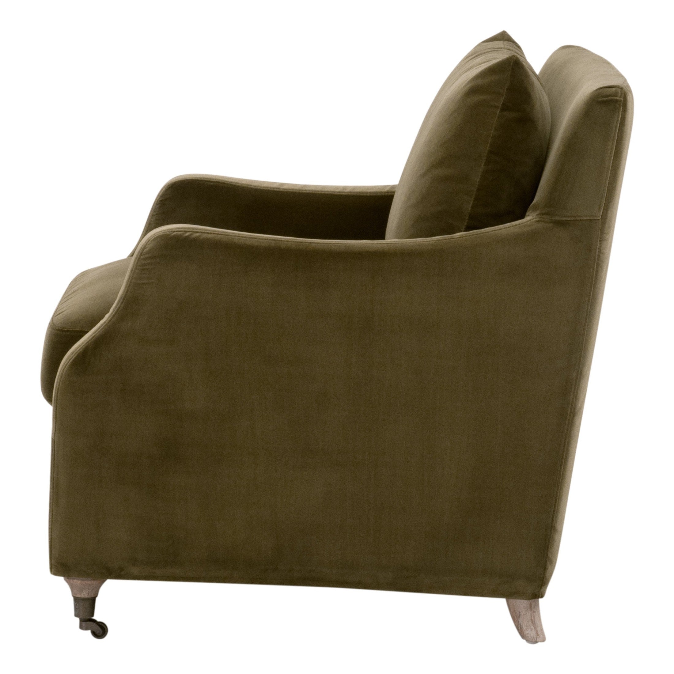 Side view of Jade Slipcover Club Chair in olive velvet with gray oak base and brass casters by Essentials For Living