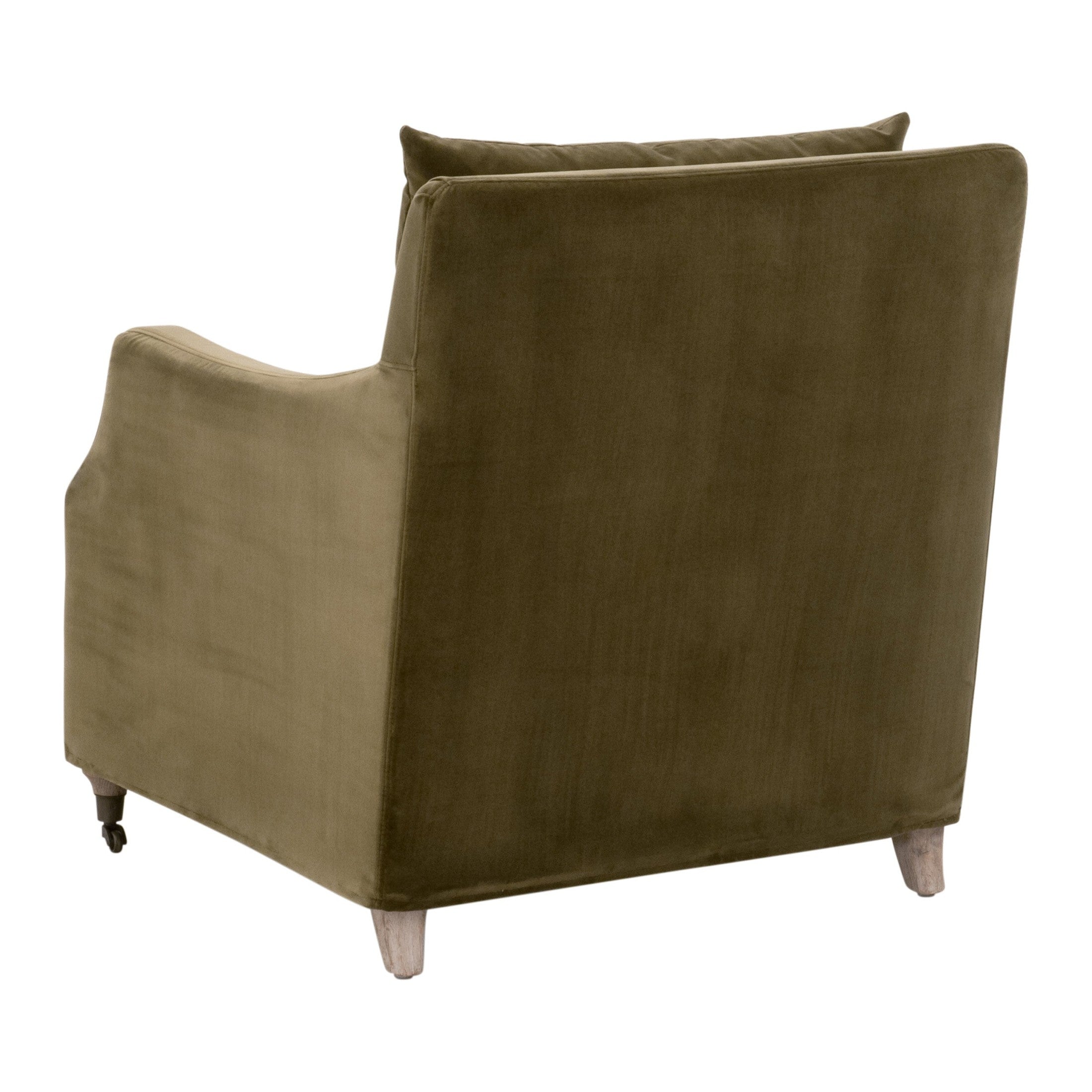 Back view of Jade Slipcover Club Chair in olive velvet with natural gray oak base by Essentials For Living