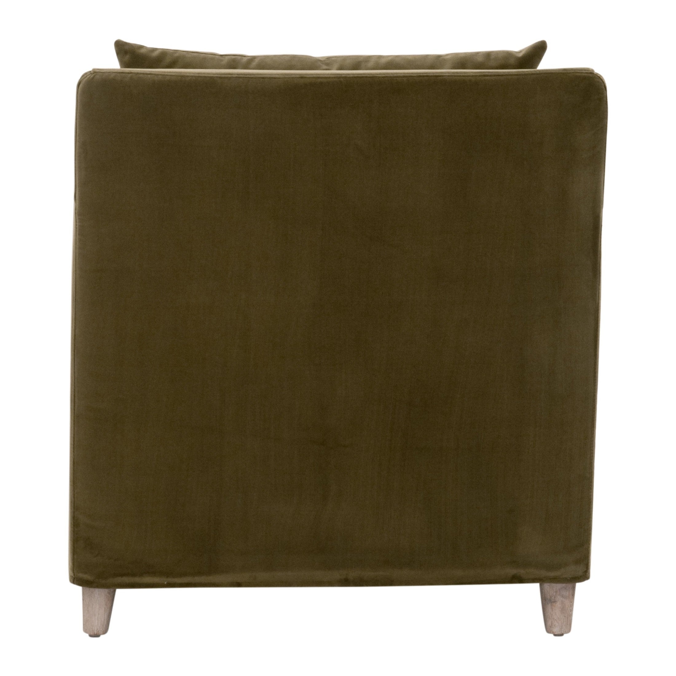 Back view of Jade Slipcover Club Chair in olive velvet with natural gray oak legs by Essentials for Living