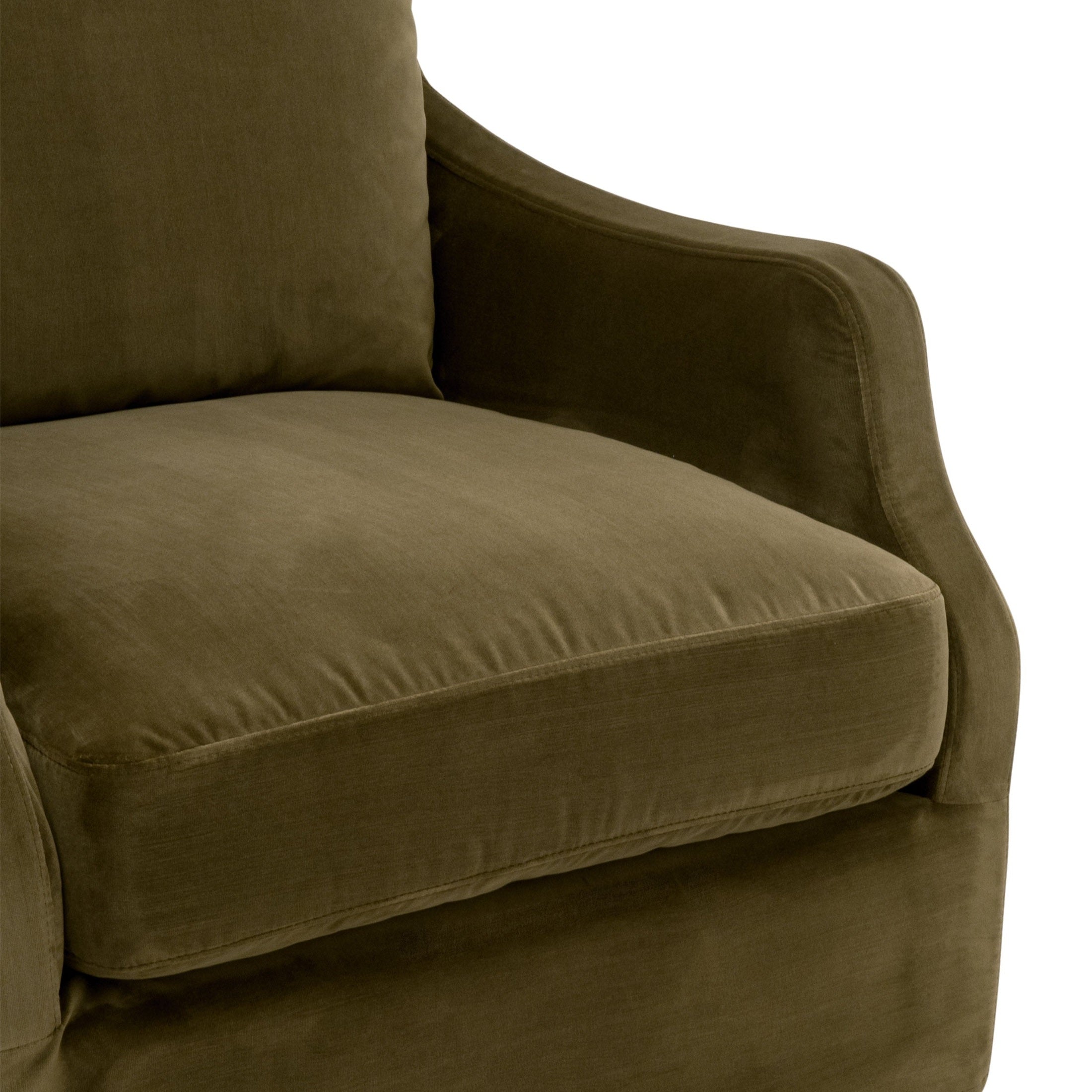 Close-up of the olive velvet Jade Slipcover Club Chair with plush cushions by Essentials For Living.