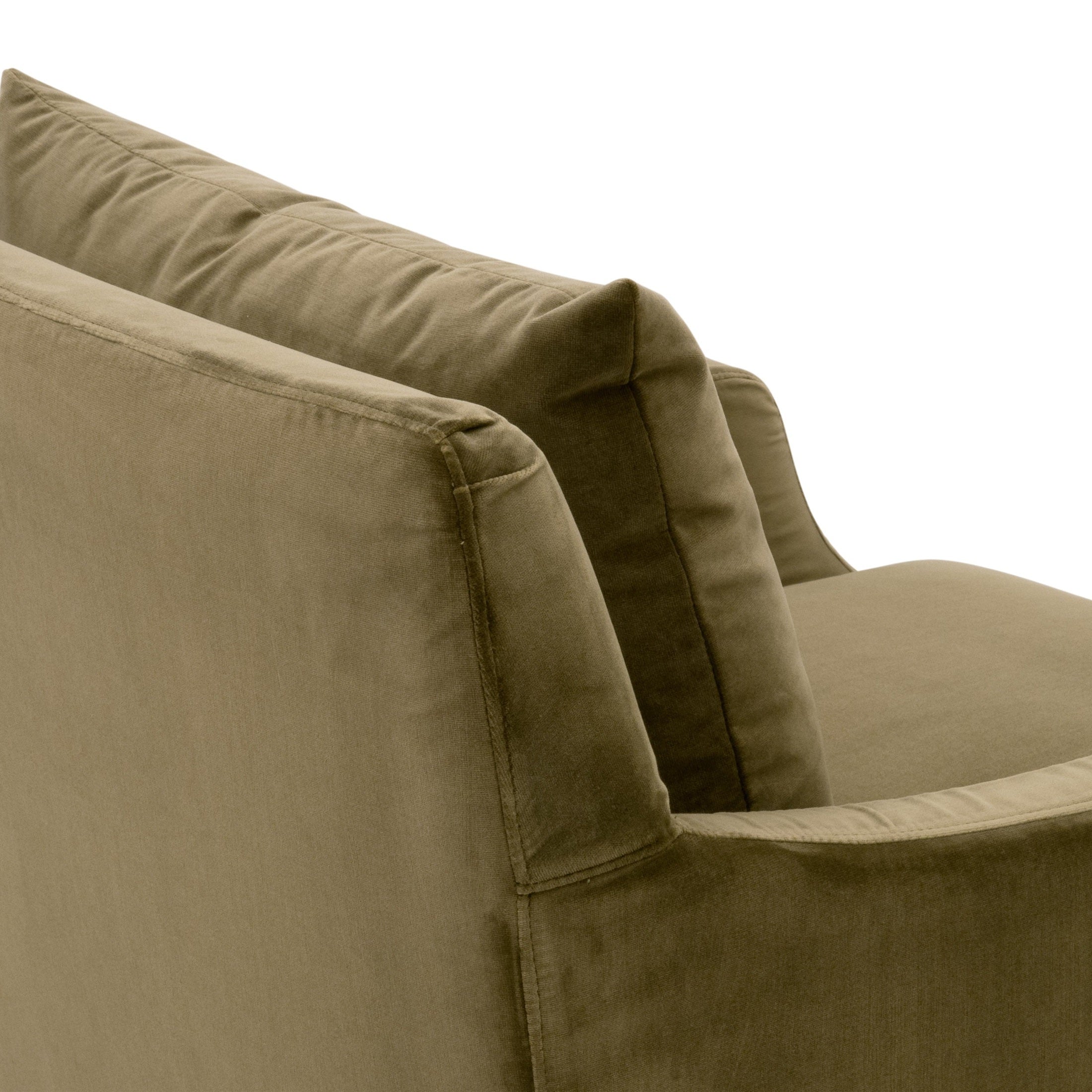 Close-up of olive velvet Jade Slipcover Club Chair cushions and soft upholstery by Essentials for Living
