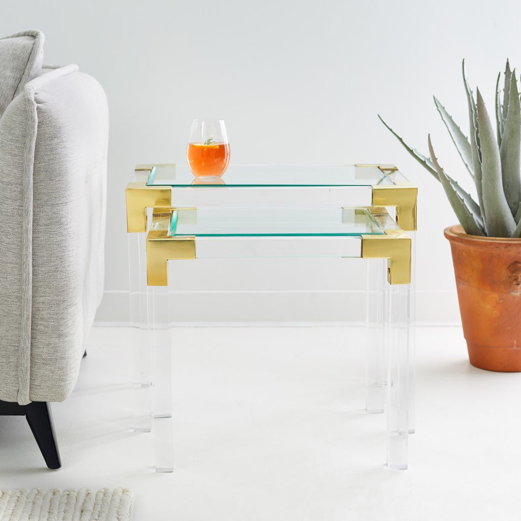 Clear acrylic and glass nesting tables with polished brass corners, Johanson Acrylic Table Set S/2 by GO HOME.