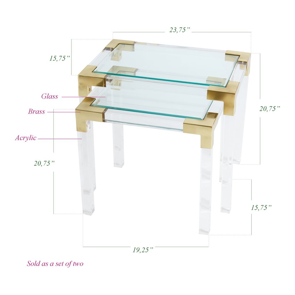 Clear acrylic and glass nesting table set with polished brass corners, Johanson Acrylic Table Set S/2 by GO HOME