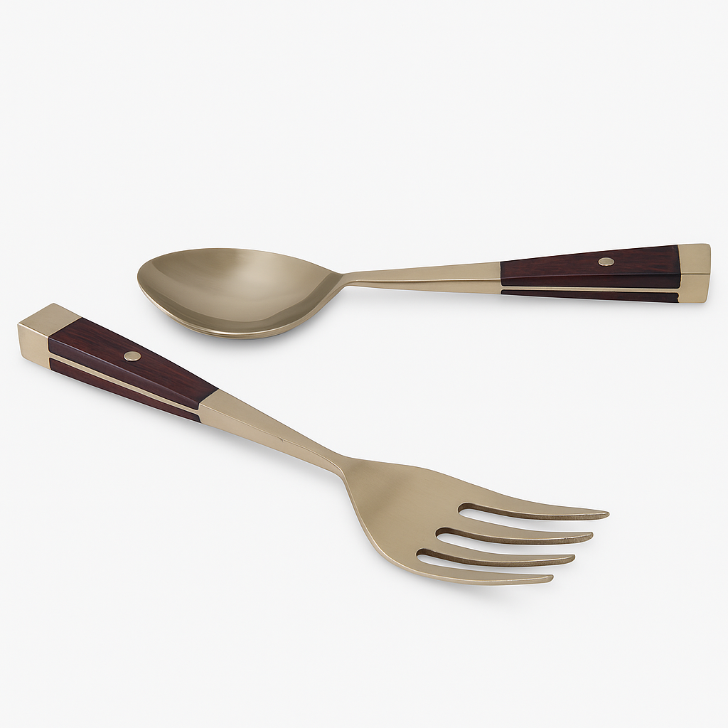 Kingsford Salad Set in burnished brass and wood, including serving spoon and fork