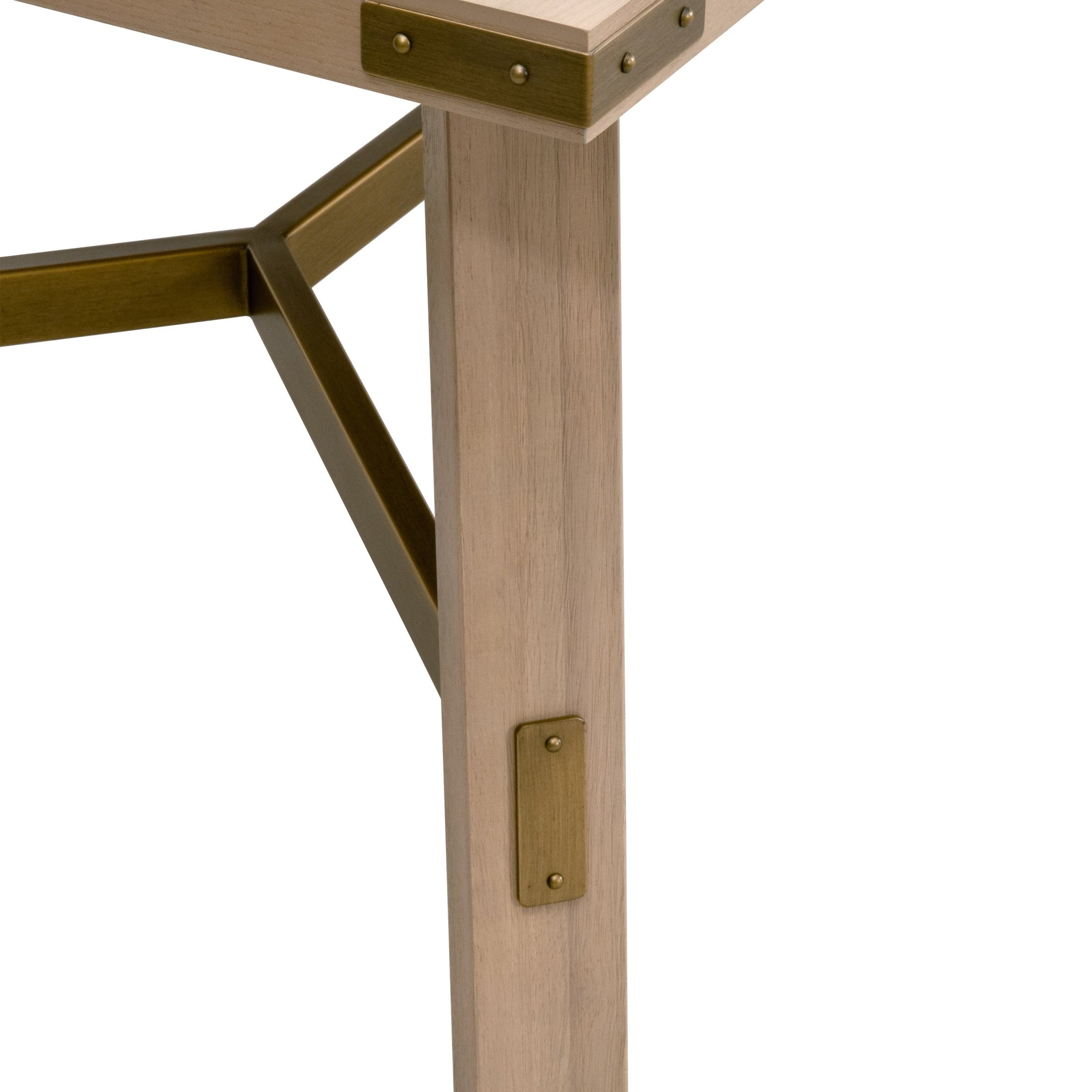 Close-up of Klein Dining Table leg with light honey oak veneer and brushed gold metal base by Essentials for Living