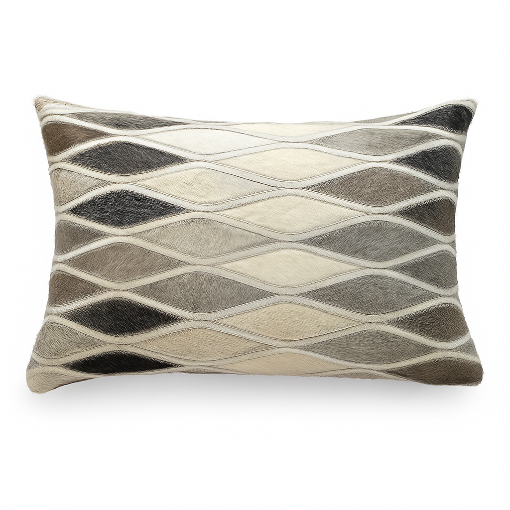 Kristof Hide Pillow in natural, grey, and black hide-on-hair, 12x18 inches, rectangular lumbar pillow